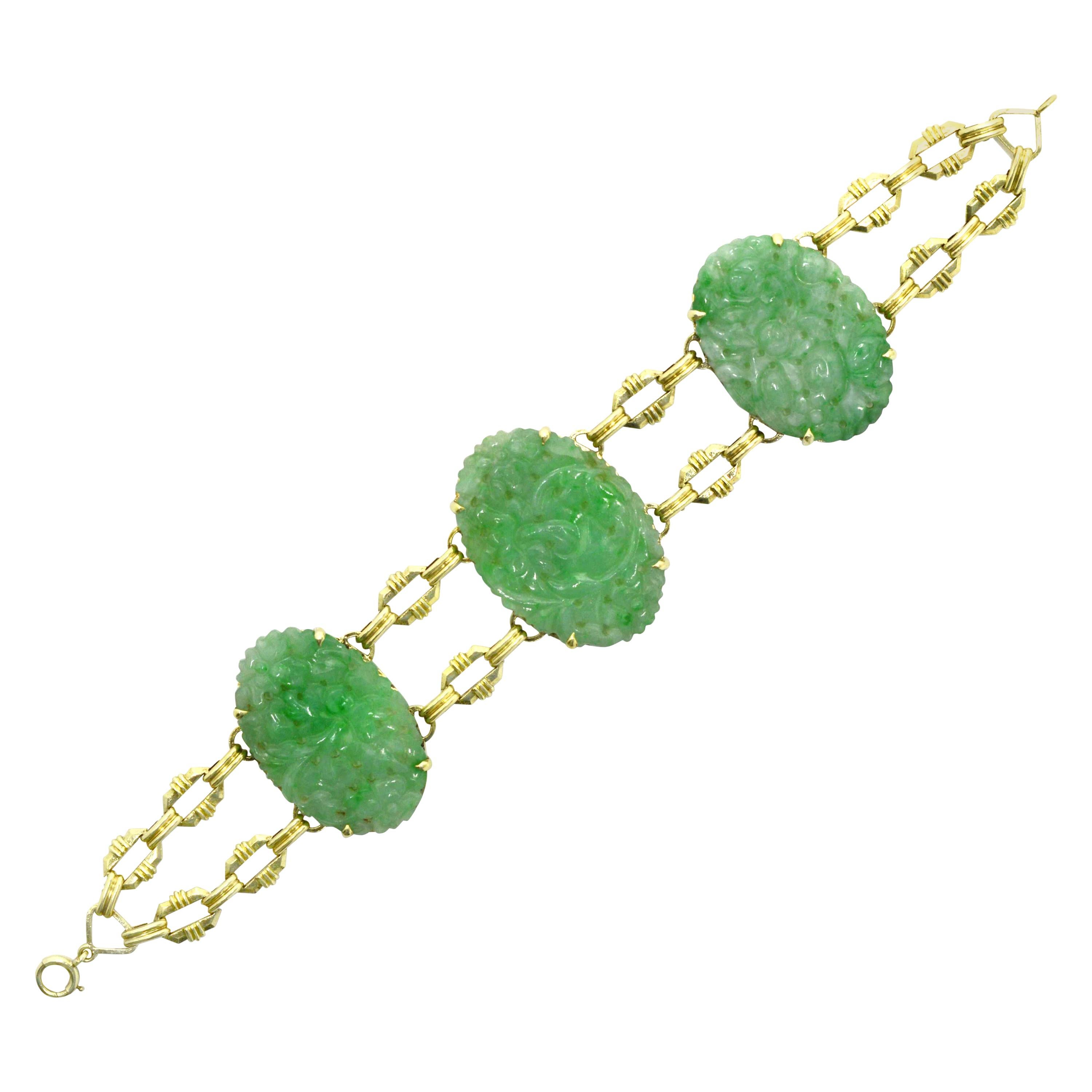 Art Deco Apple Green Jade Link Bracelet Natural Jadeite 