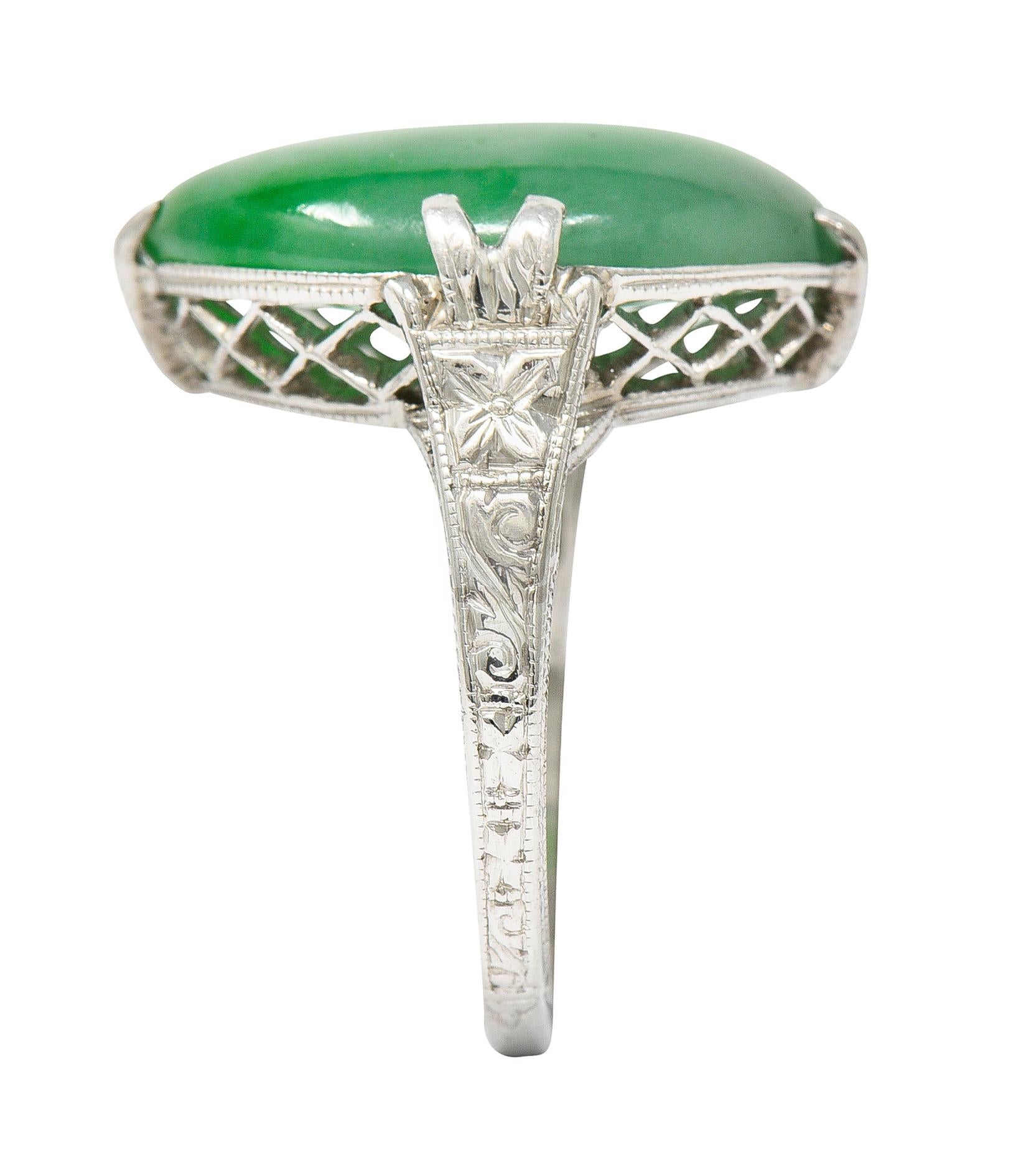 Art Deco Jade Cabochon Platinum Orange Blossom Gemstone Ring For Sale 4