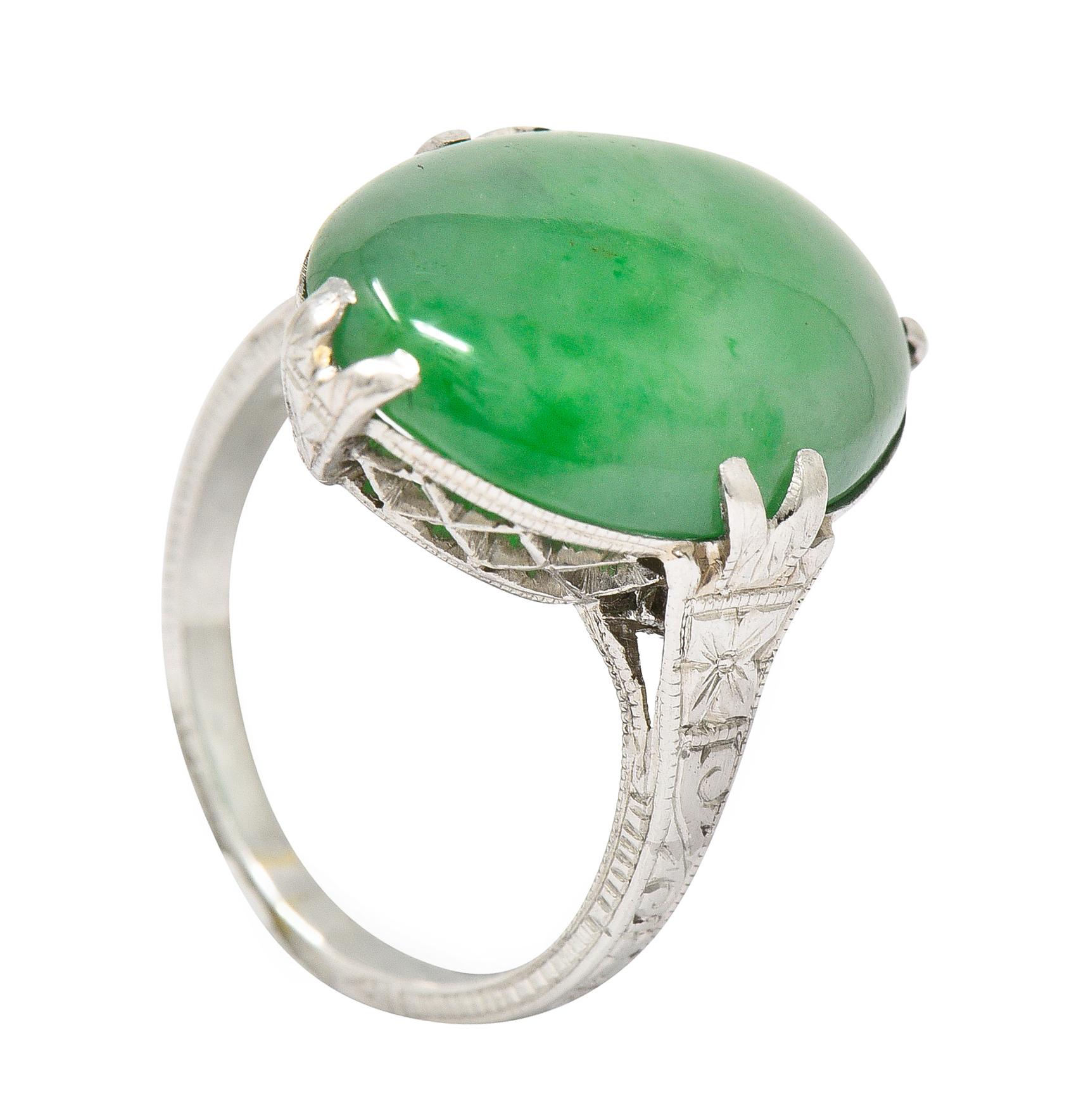 Art Deco Jade Cabochon Platinum Orange Blossom Gemstone Ring For Sale 5