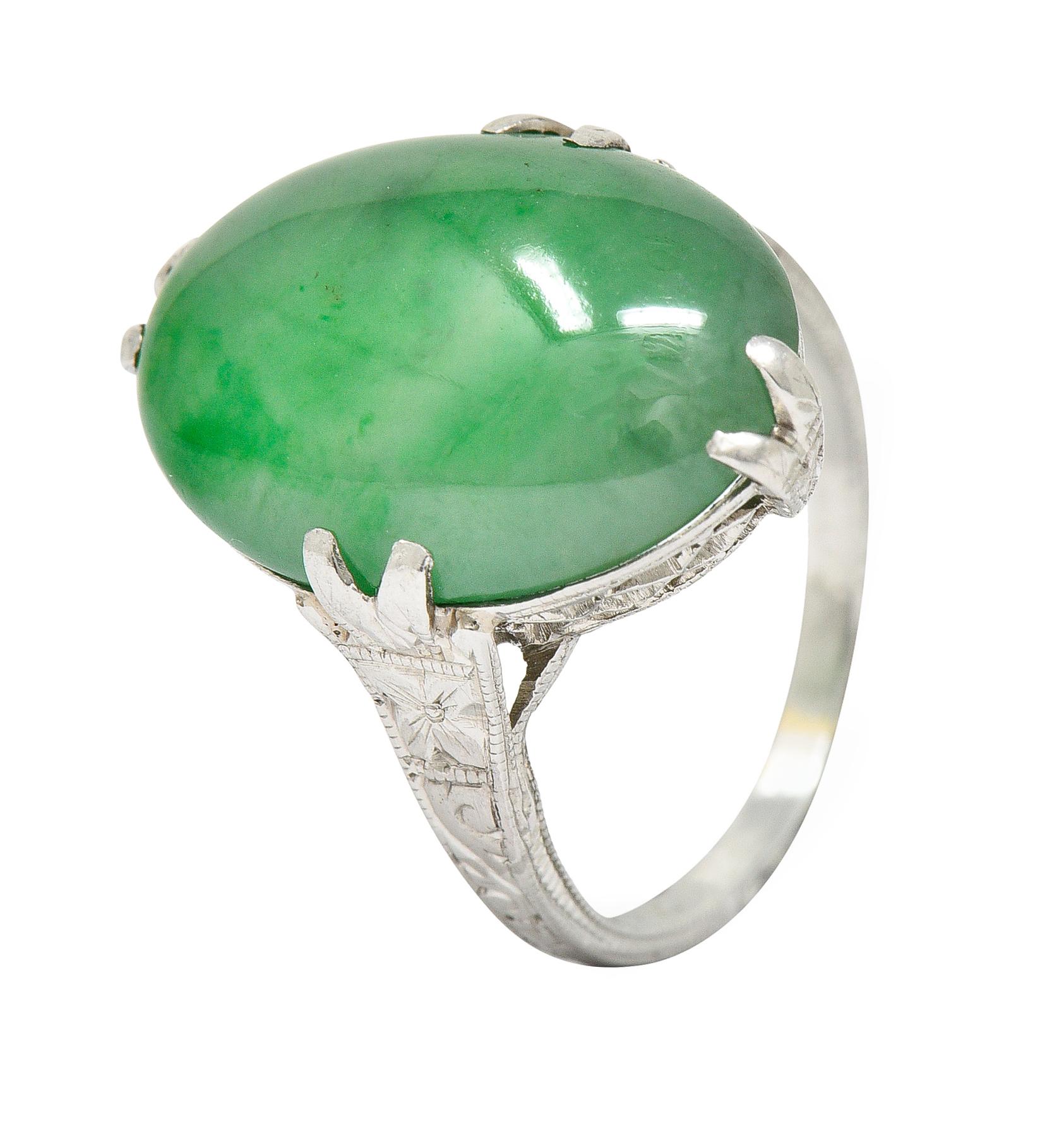 Art Deco Jade Cabochon Platinum Orange Blossom Gemstone Ring For Sale 2