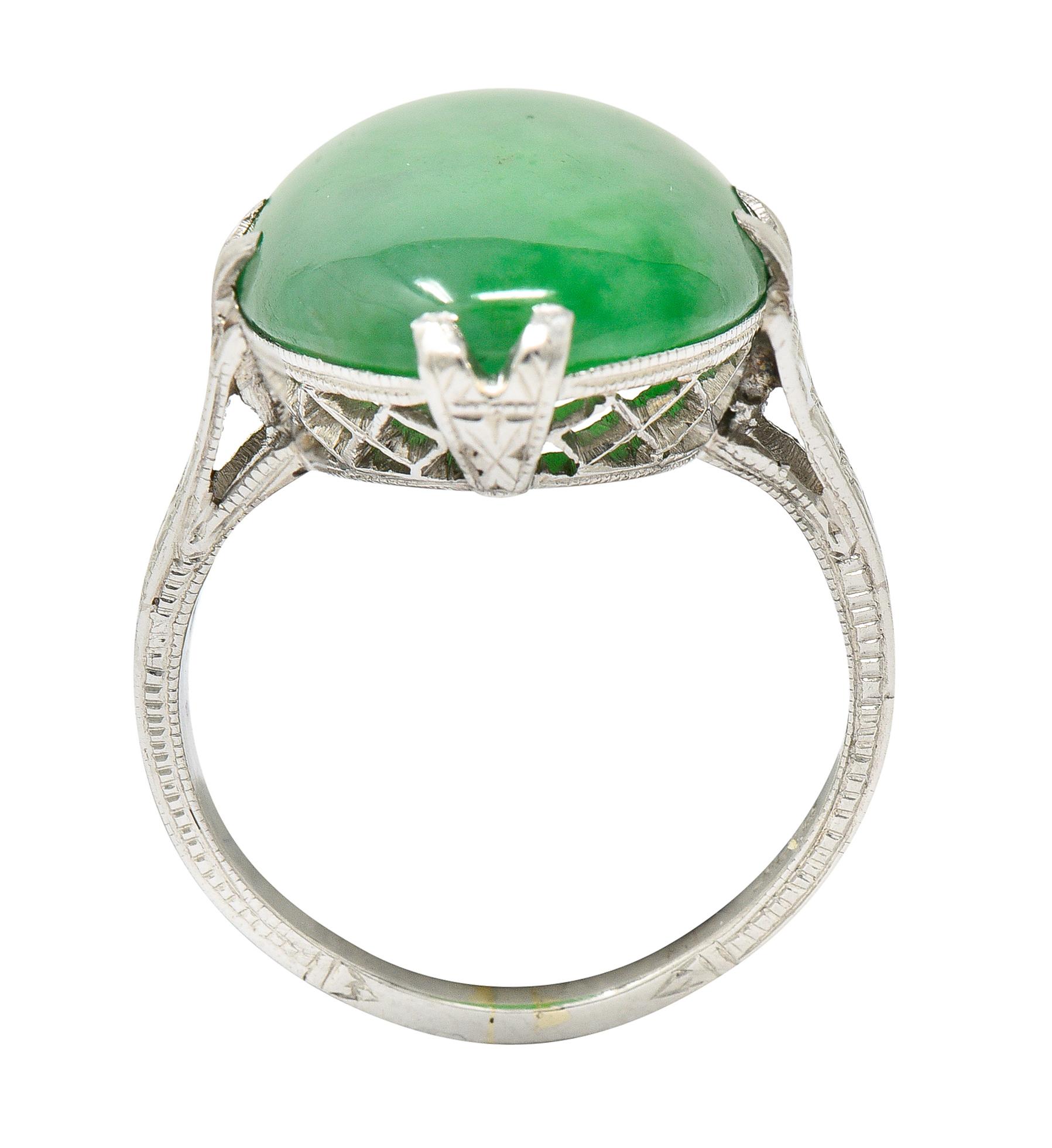 Art Deco Jade Cabochon Platinum Orange Blossom Gemstone Ring For Sale 3