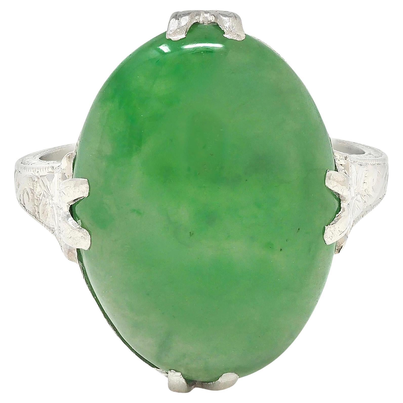 Art Deco Jade Cabochon Platine Vintage Orange Blossom Gemstone Ring