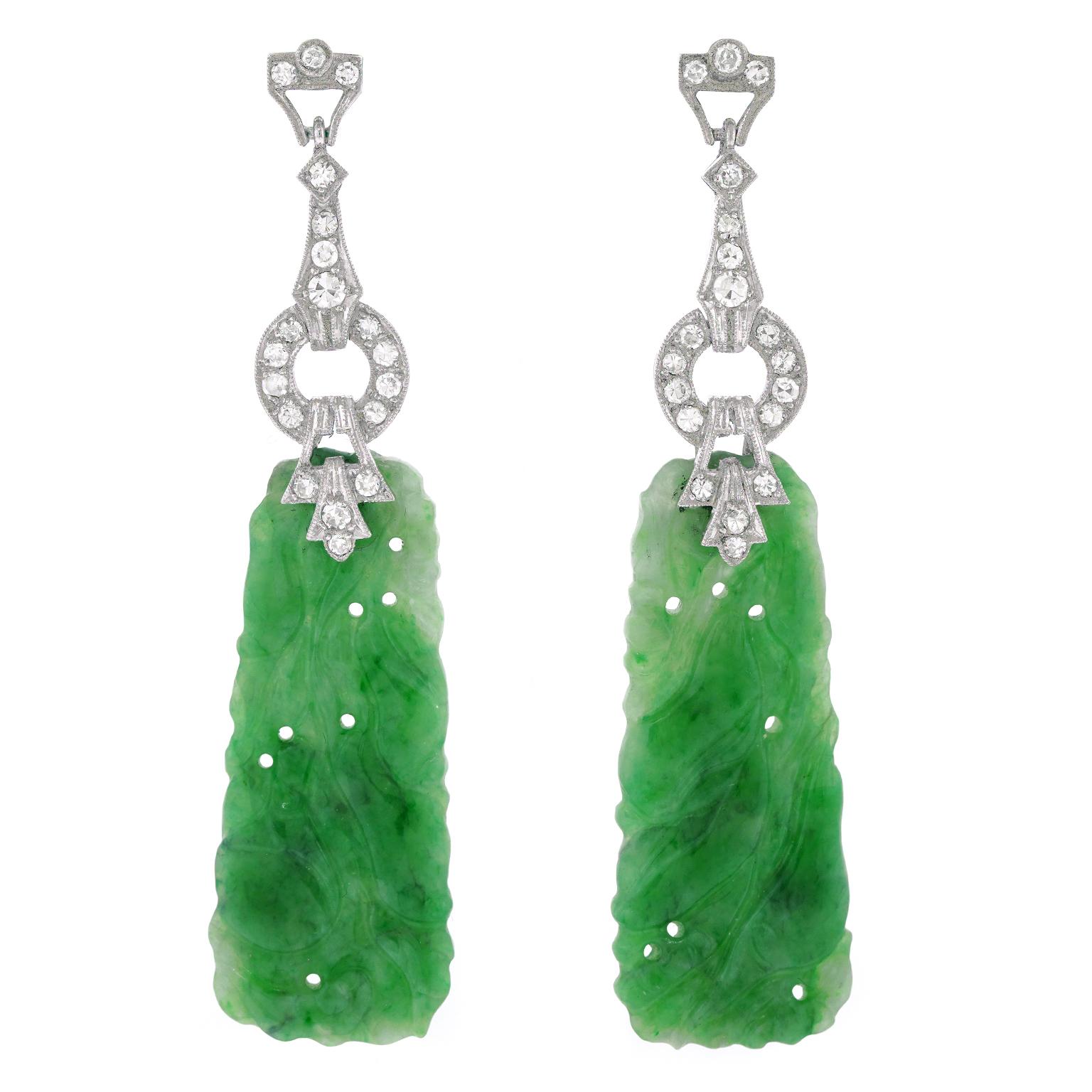 Mixed Cut Art Deco Jade Chandelier Earrings GIA For Sale