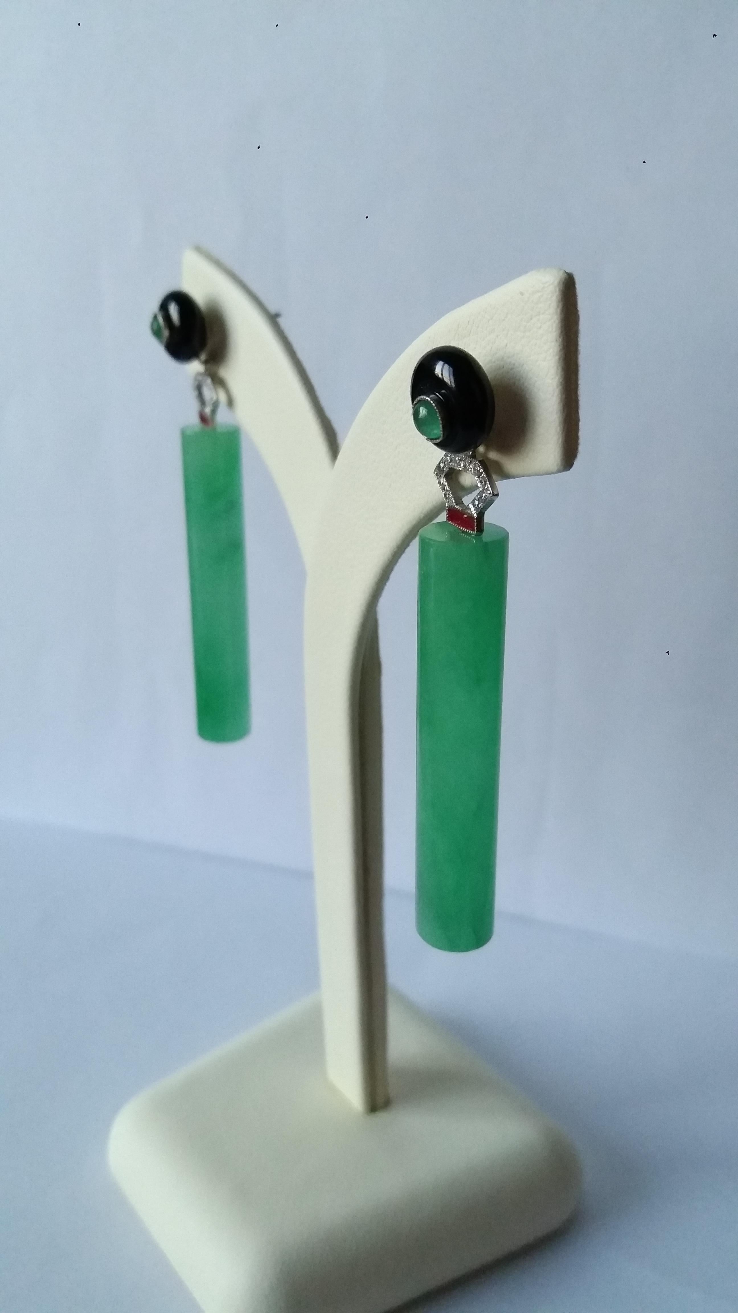 Women's Art Deco Style Jade Cylinders Gold Diamonds Emeralds Red Enamel Dangle Earrings For Sale