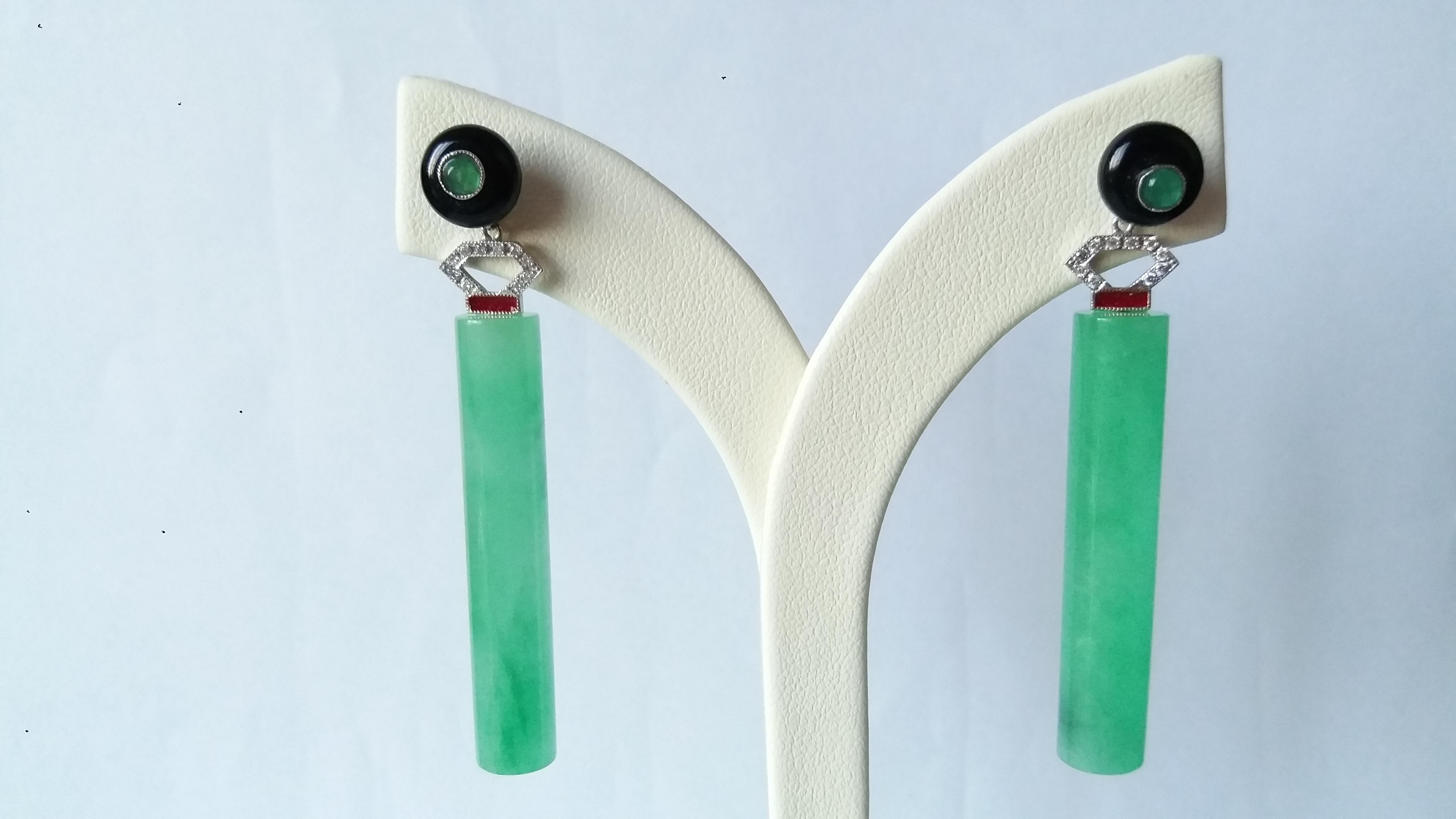 Art Deco Style Jade Cylinders Gold Diamonds Emeralds Red Enamel Dangle Earrings For Sale 1