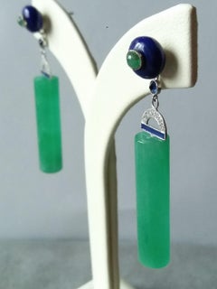 Art Deco Style Jade Cylinders Lapis Lazuli Emerald Diamonds White Gold Earrings