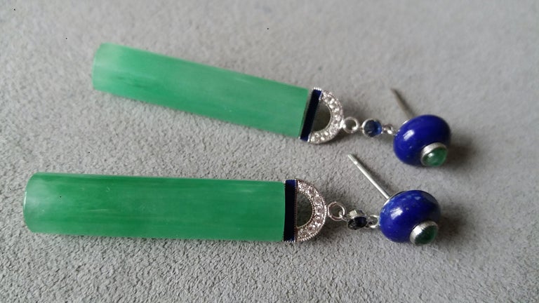 Art Deco Style Jade Cylinders Lapis Lazuli Emerald Diamonds White Gold Earrings In Good Condition For Sale In Bangkok, TH