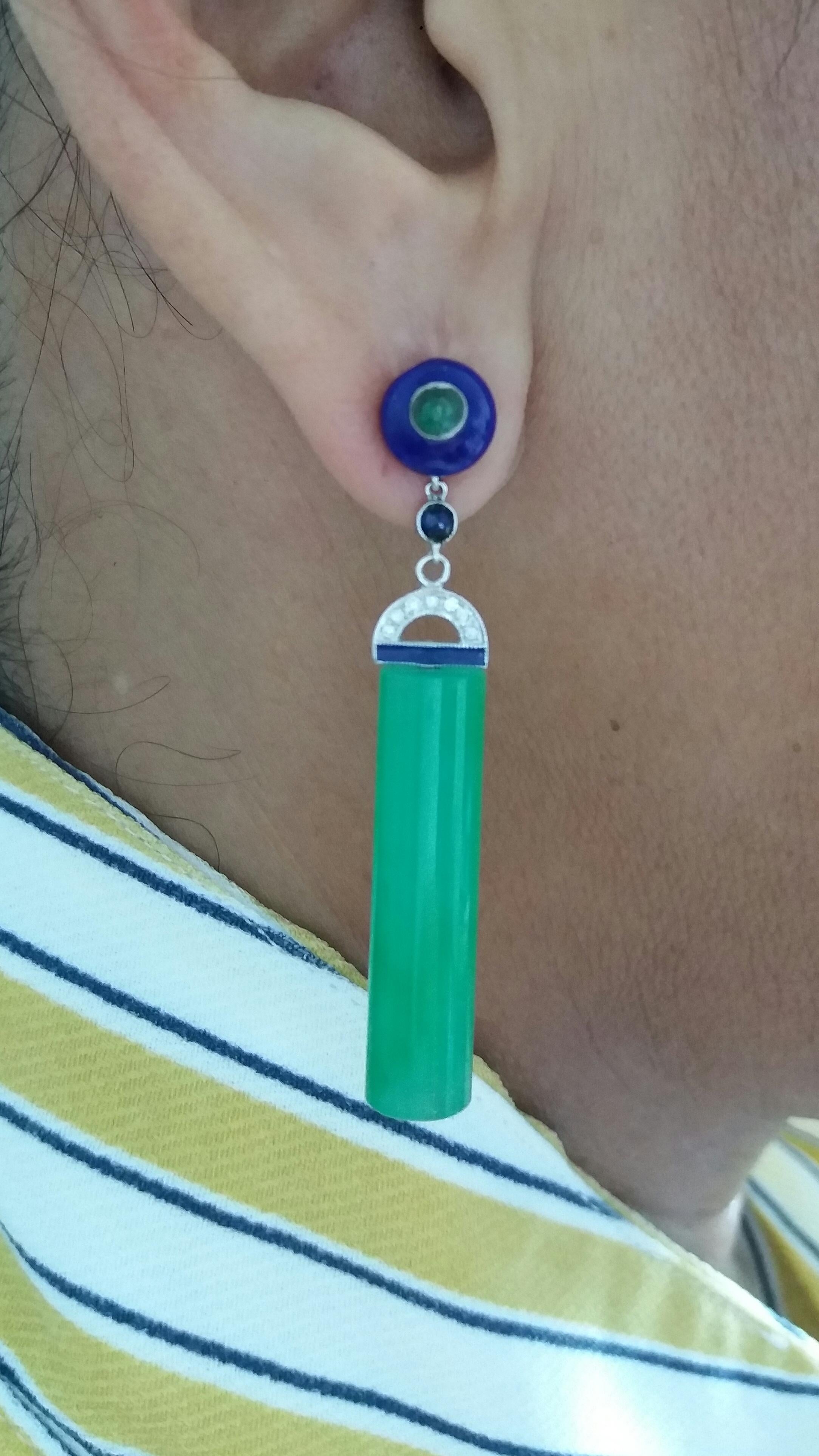 Art Deco Style Jade Cylinders Lapis Lazuli Emerald Diamonds White Gold Earrings In Good Condition For Sale In Bangkok, TH