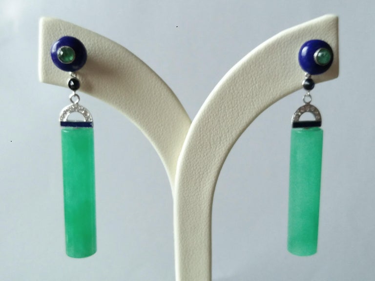 Art Deco Style Jade Cylinders Lapis Lazuli Emerald Diamonds White Gold Earrings For Sale 1