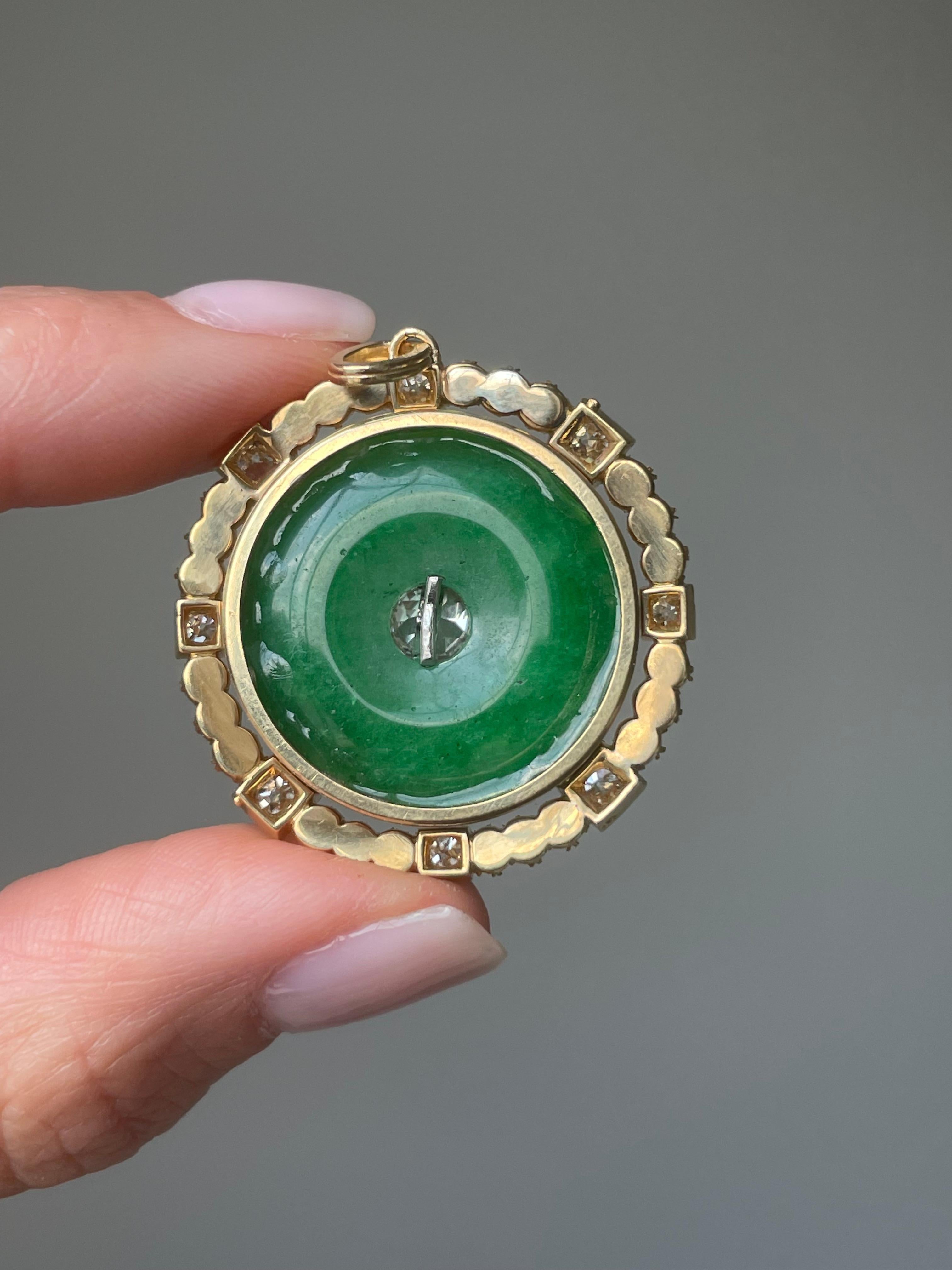 Old Mine Cut Art Deco Jade, Diamond and Pearl Disk Pendant For Sale