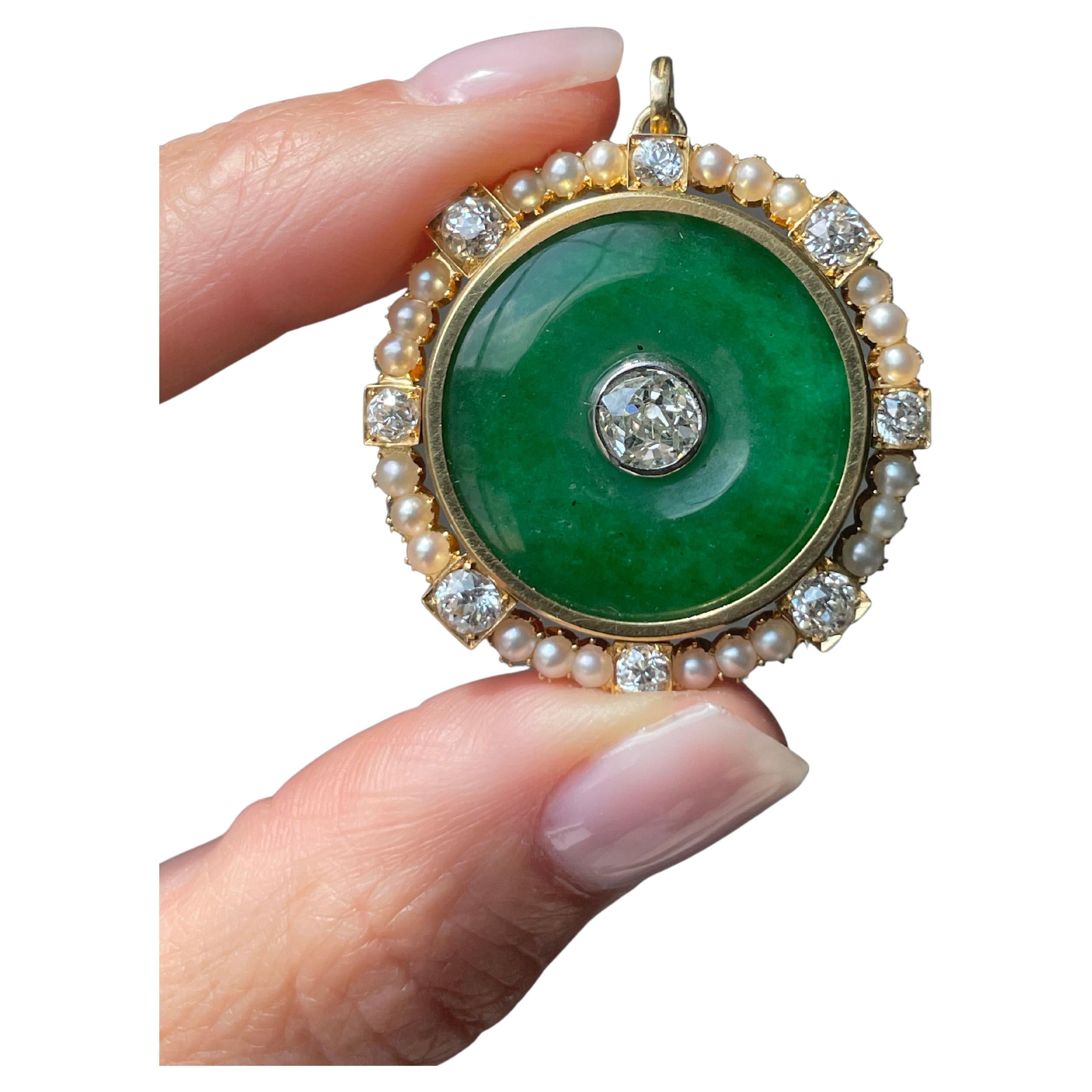 Art Deco Jade, Diamond and Pearl Disk Pendant