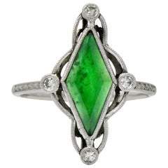 Antique Art Deco Jade Diamond and Platinum Dress Ring
