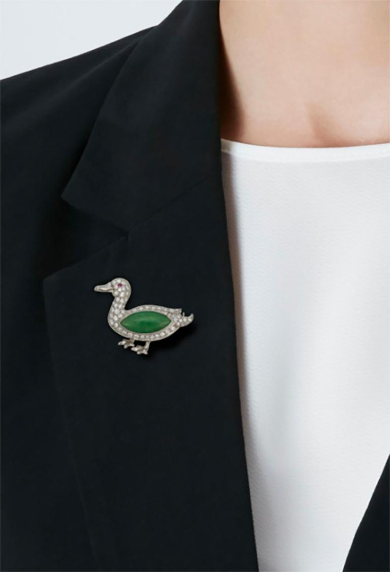 Art Deco Jade, Diamond and Ruby Duck Brooch  In Good Condition For Sale In New York, NY