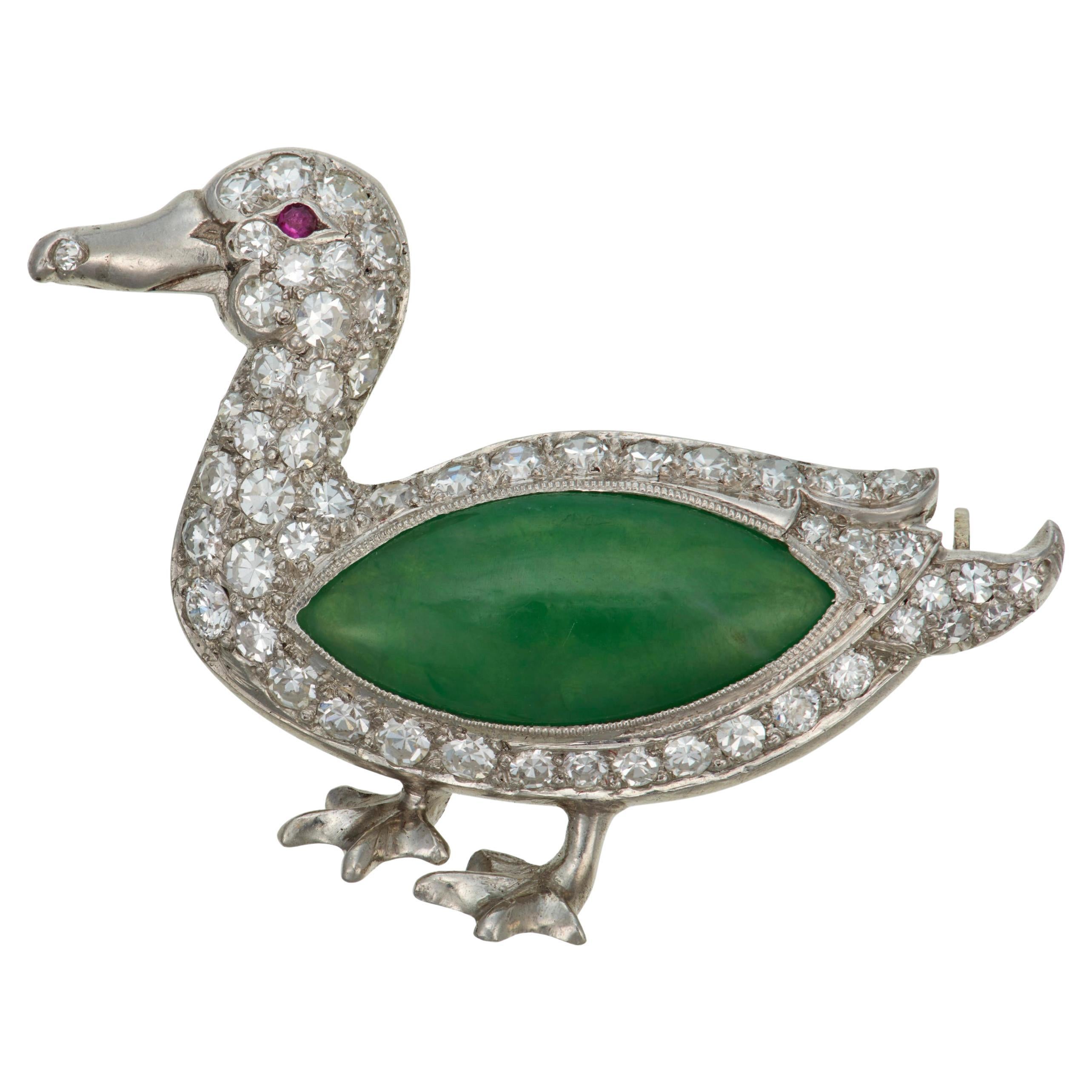 Art Deco Jade, Diamond and Ruby Duck Brooch 