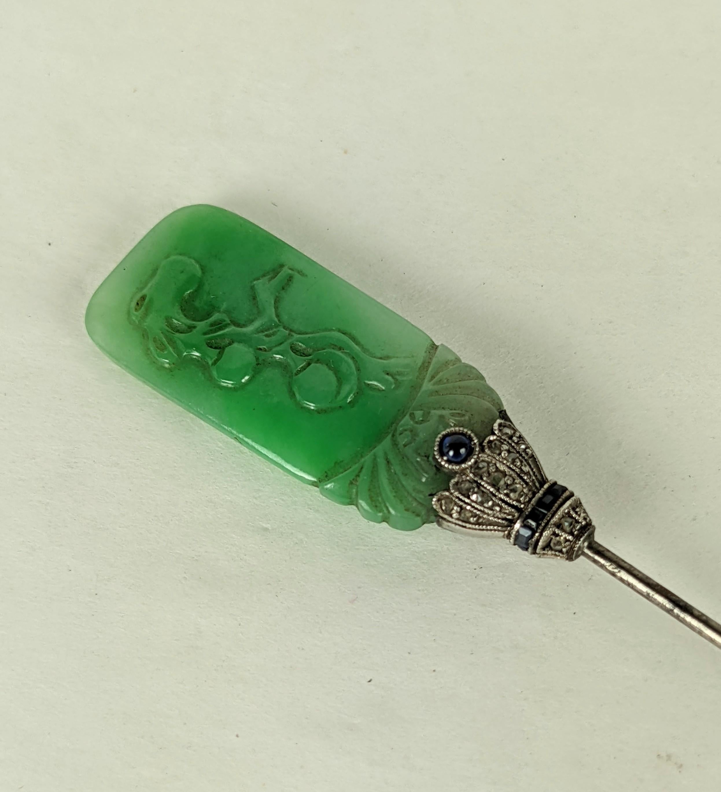 Women's Art Deco Jade, Diamond and Sapphire Hat Pin For Sale