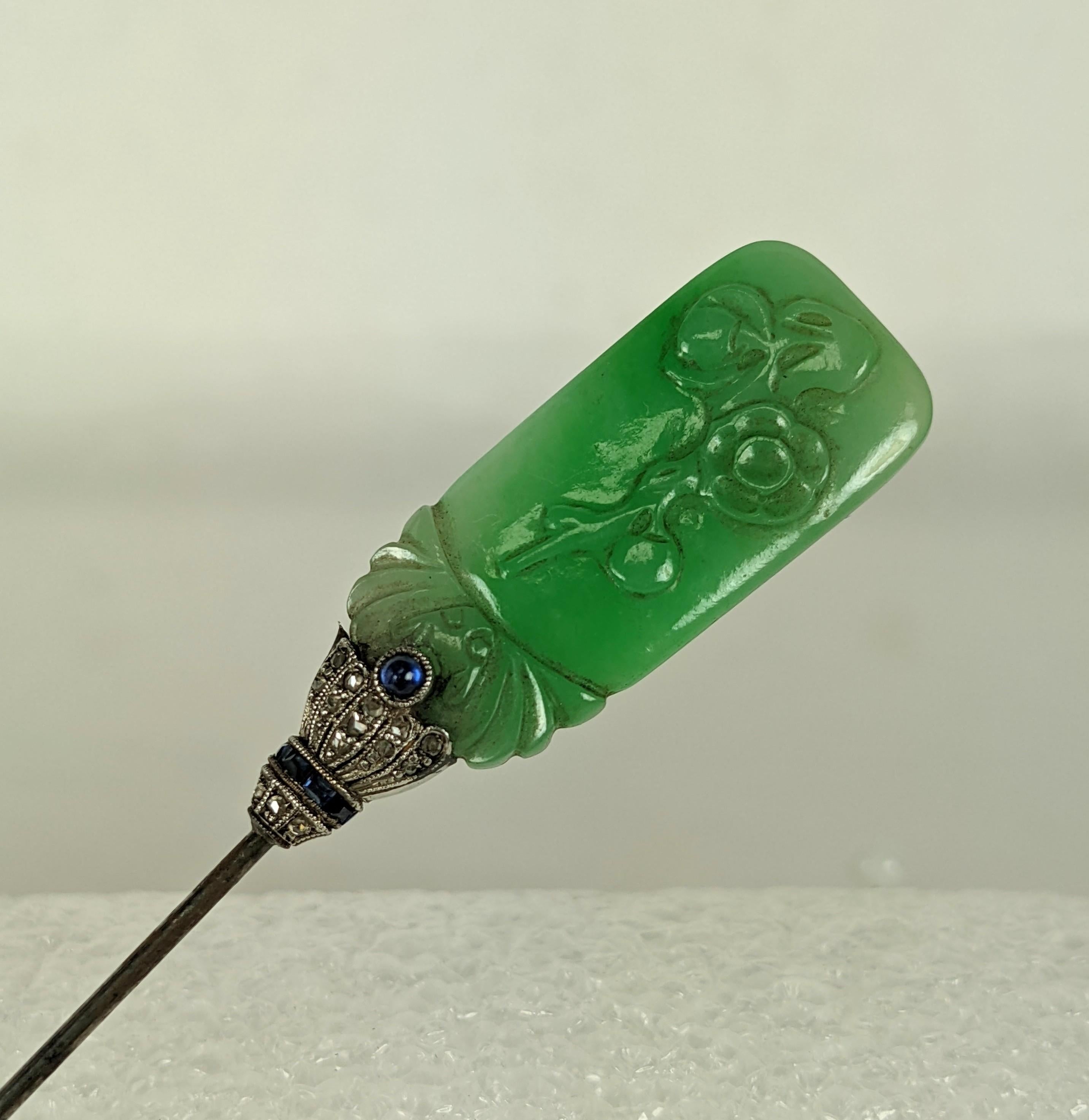 Art Deco Jade, Diamond and Sapphire Hat Pin For Sale 1