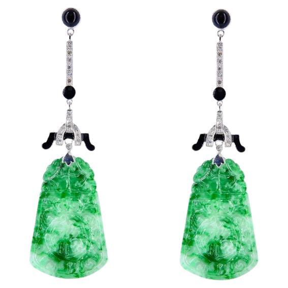 Art Deco Jade, Diamond, & Onyx Dangle Drop Earrings in Platinum For Sale