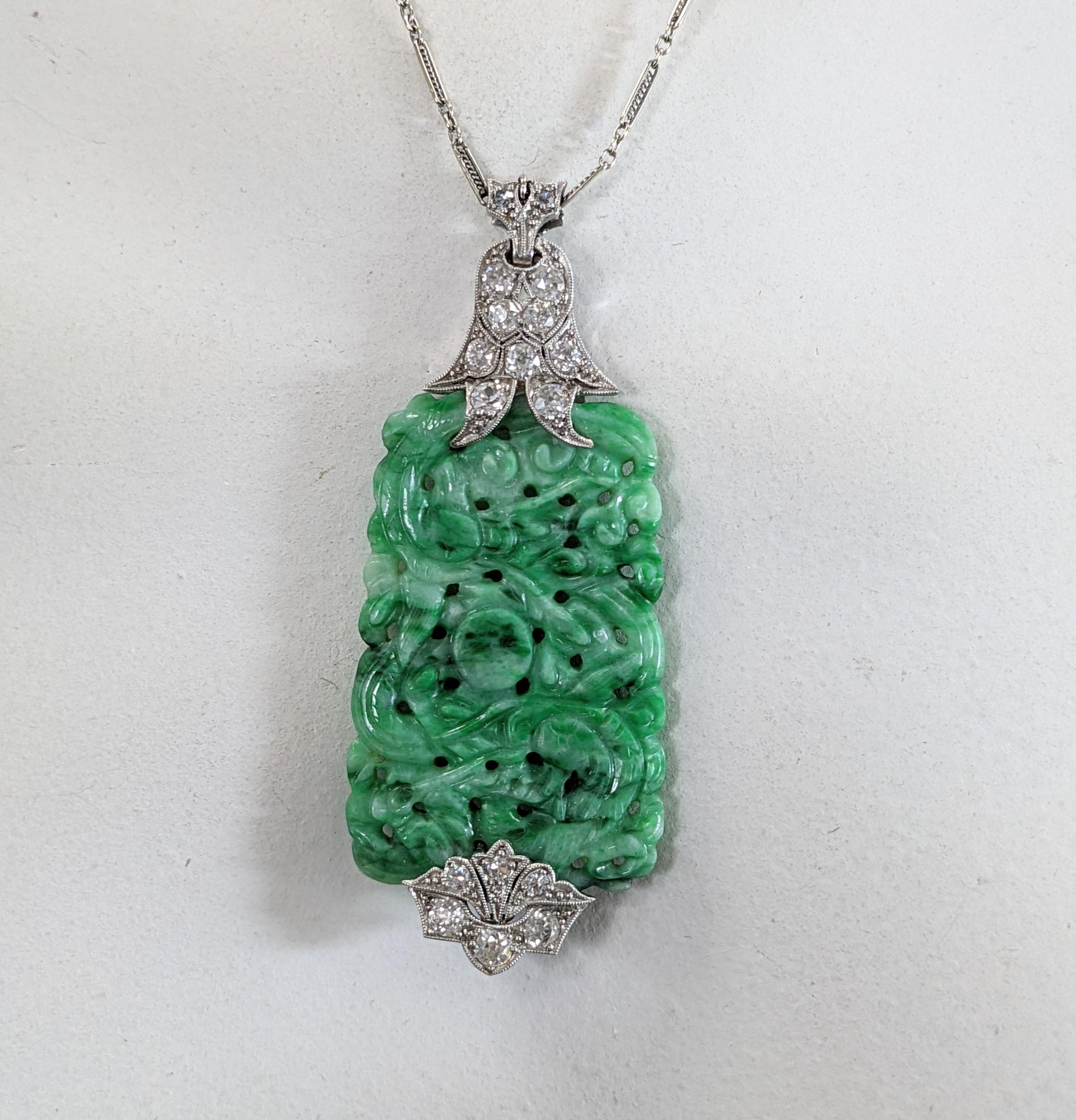 Art Deco Jade Diamond Pendant For Sale 5