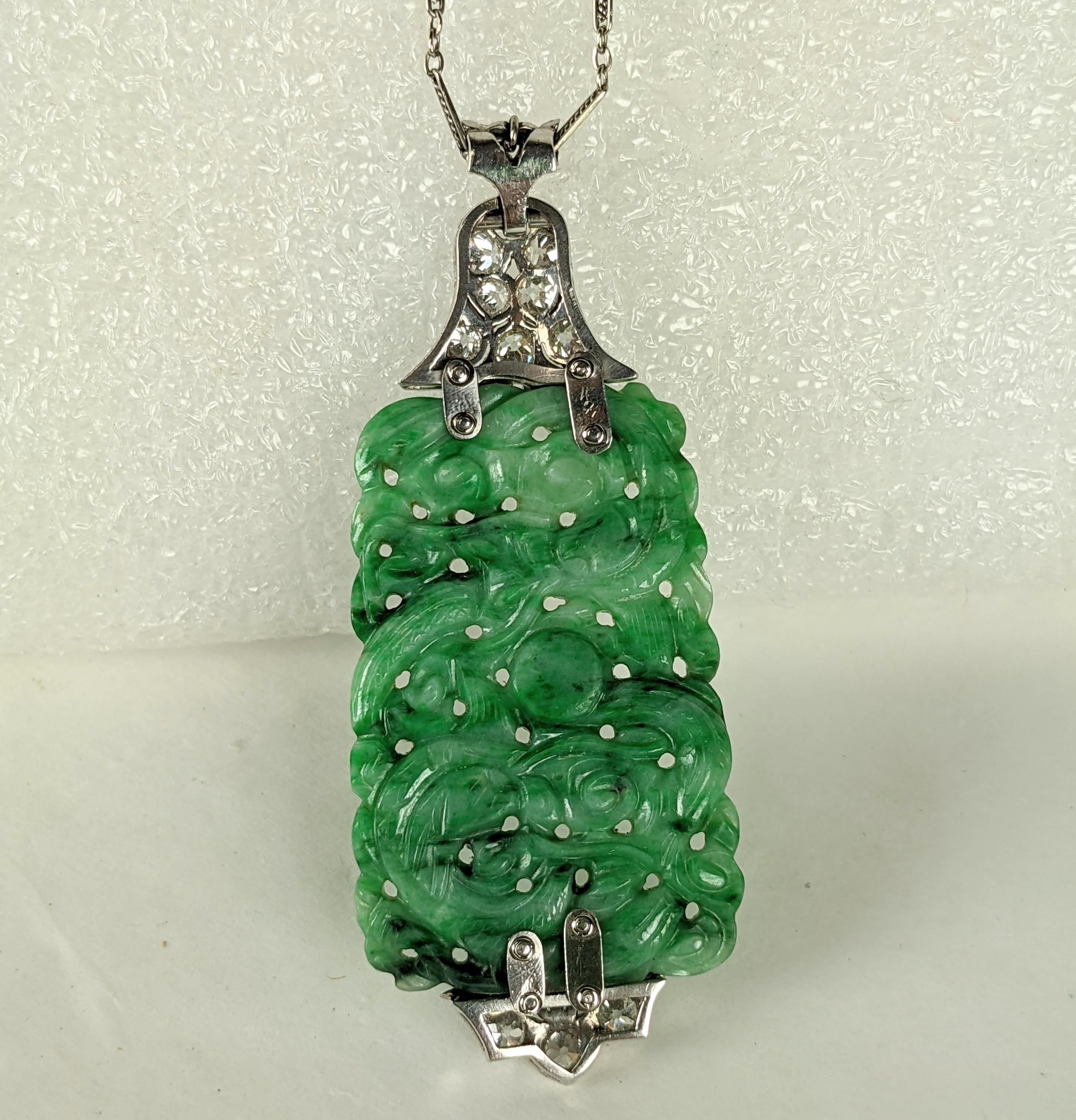Art Deco Jade Diamond Pendant For Sale 3