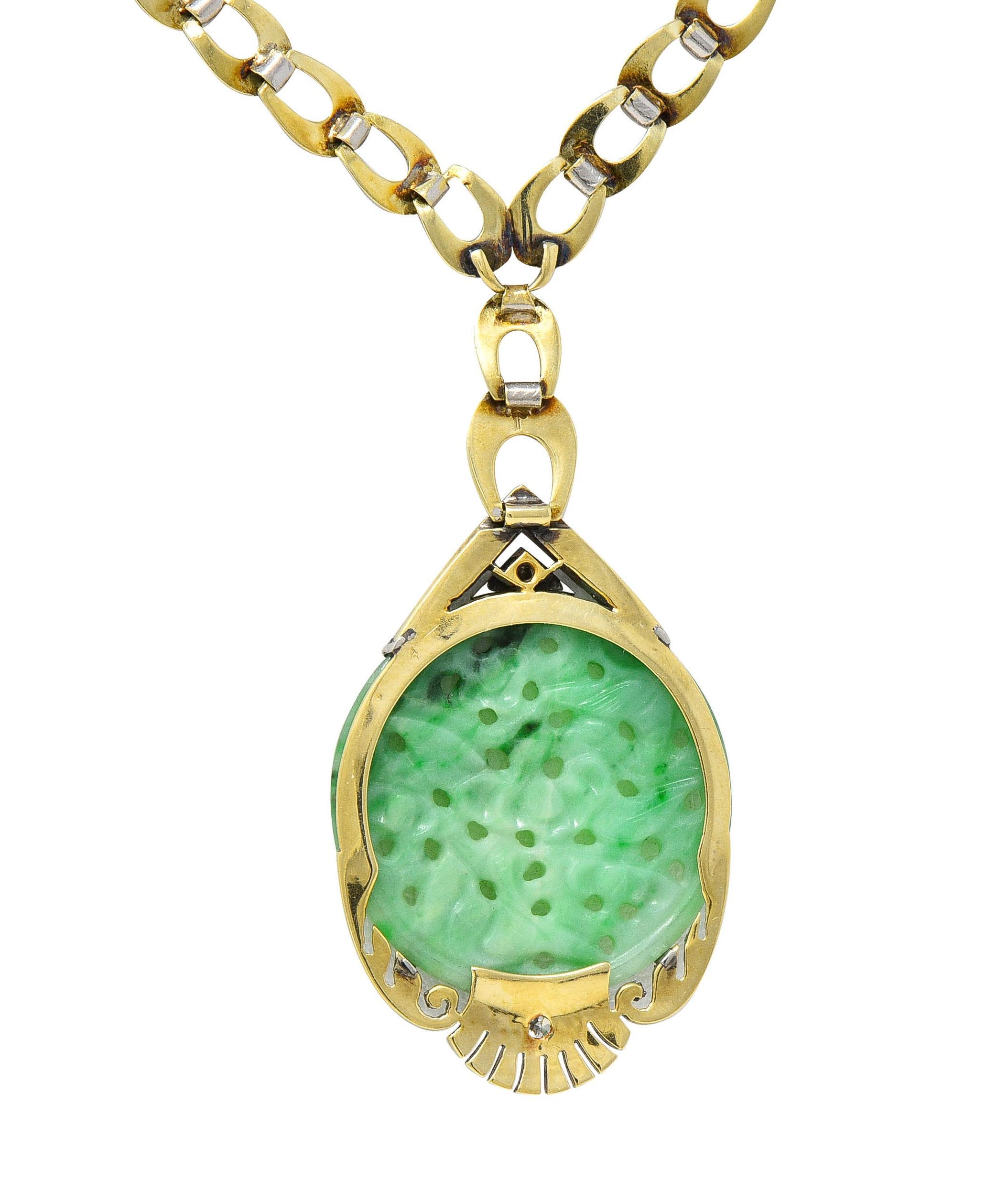 Art Deco Jade Diamond Platinum 14 Karat Gold Bird Drop Antique Necklace For Sale 7