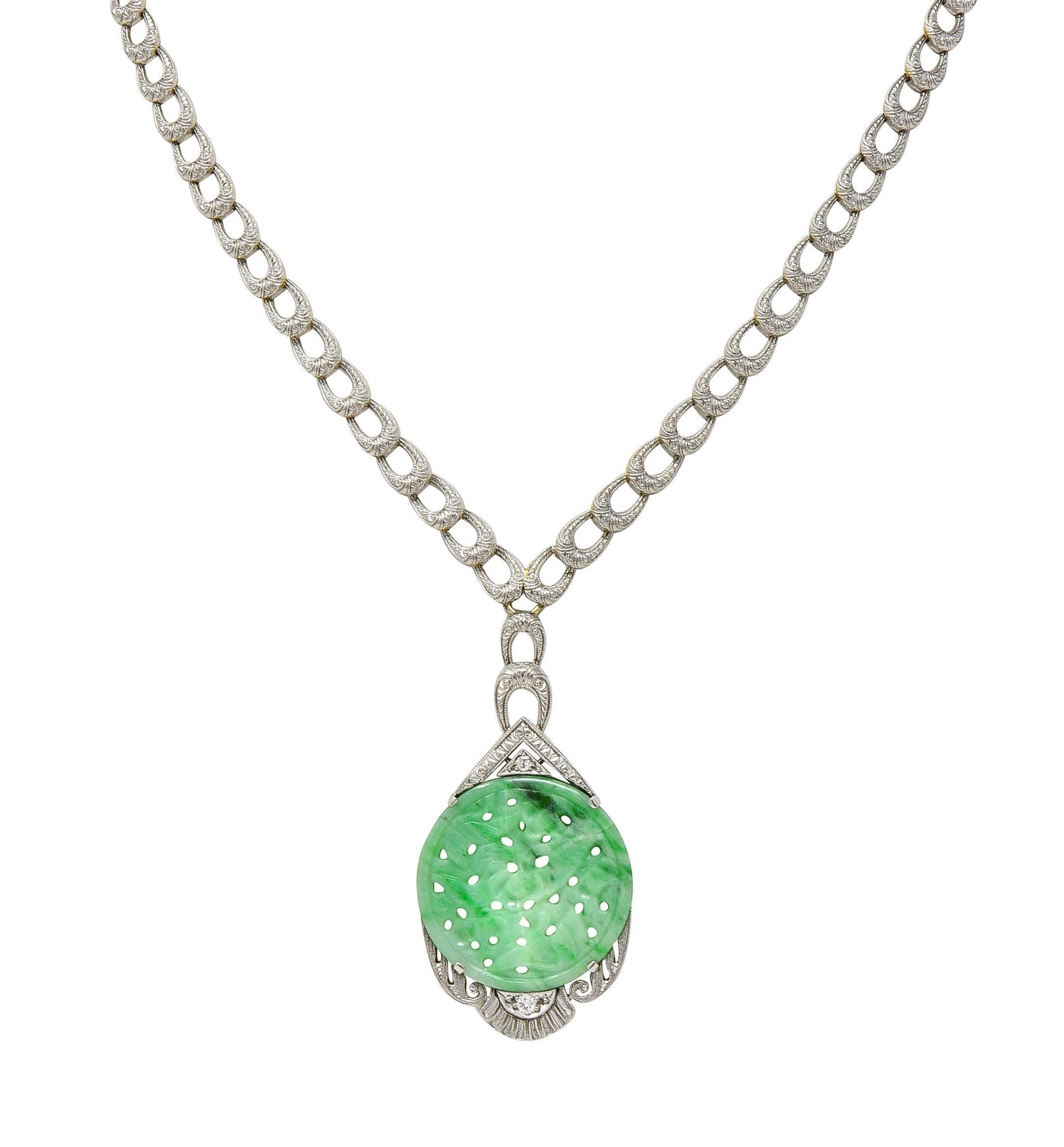 Art Deco Jade Diamond Platinum 14 Karat Gold Bird Drop Antique Necklace For Sale 8