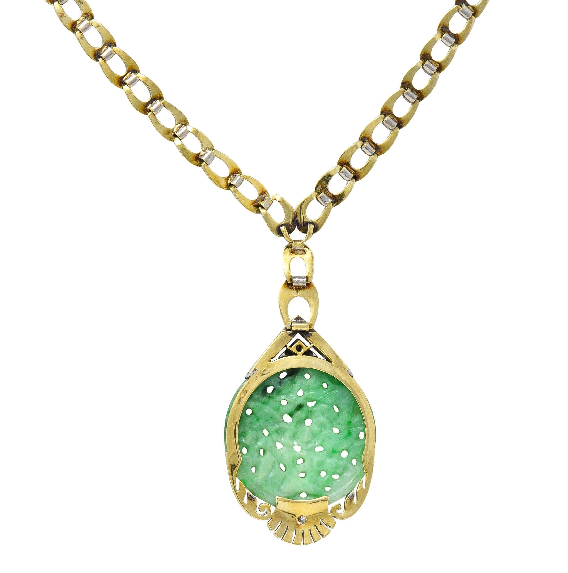 Women's or Men's Art Deco Jade Diamond Platinum 14 Karat Gold Bird Drop Antique Necklace For Sale