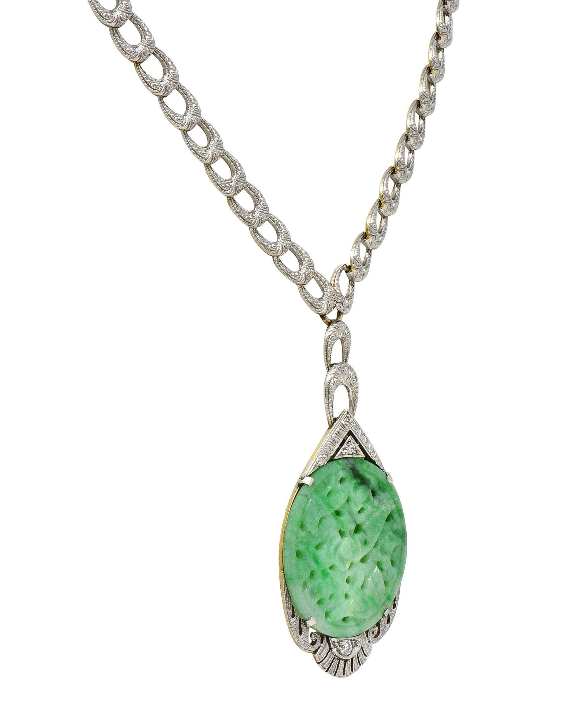 Art Deco Jade Diamond Platinum 14 Karat Gold Bird Drop Antique Necklace For Sale 1