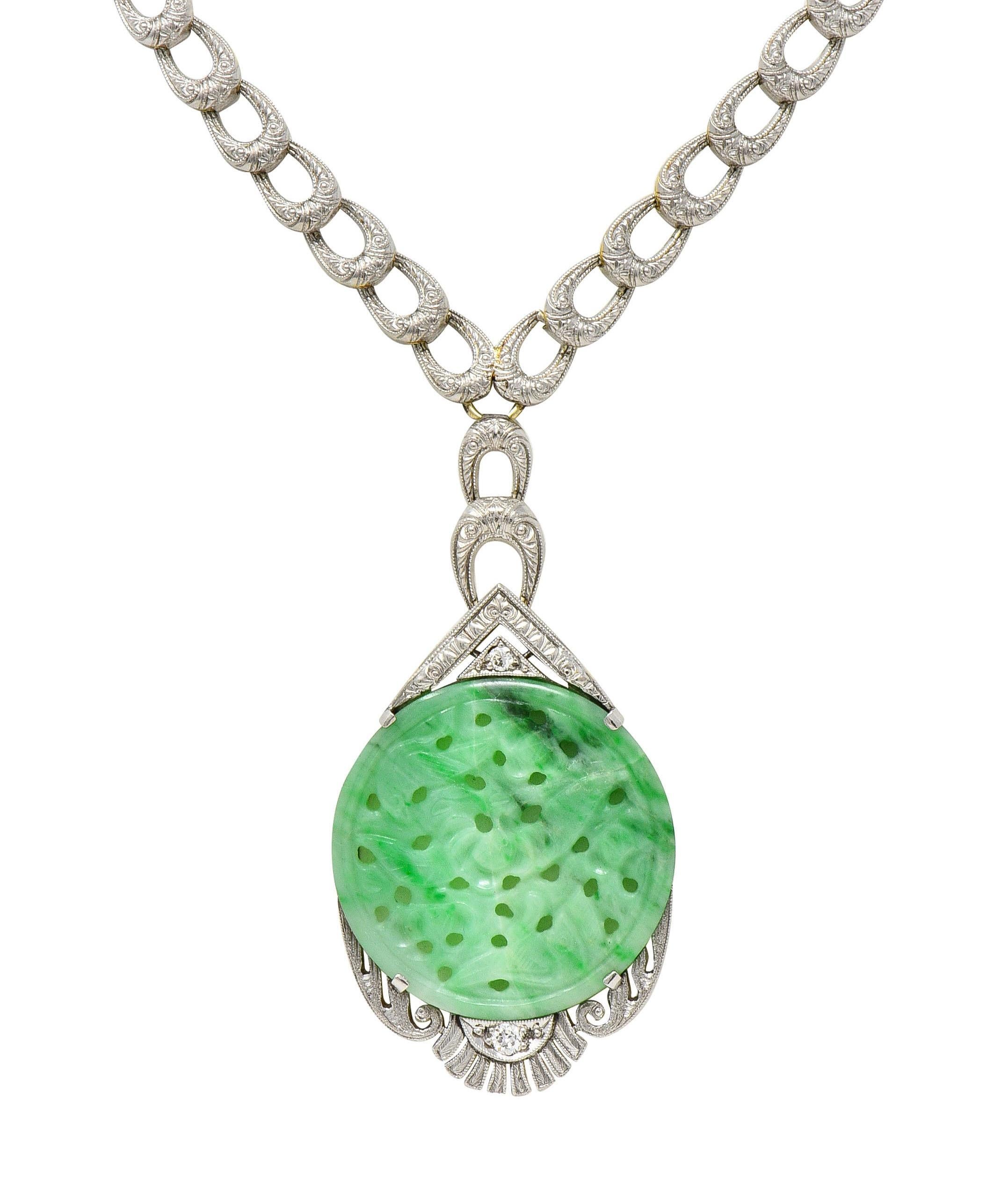 Art Deco Jade Diamond Platinum 14 Karat Gold Bird Drop Antique Necklace For Sale 2
