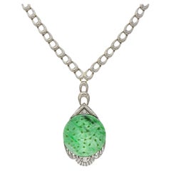 Collier ancien Art déco en forme de goutte d'oiseau en or 14 carats, platine, jade et diamants