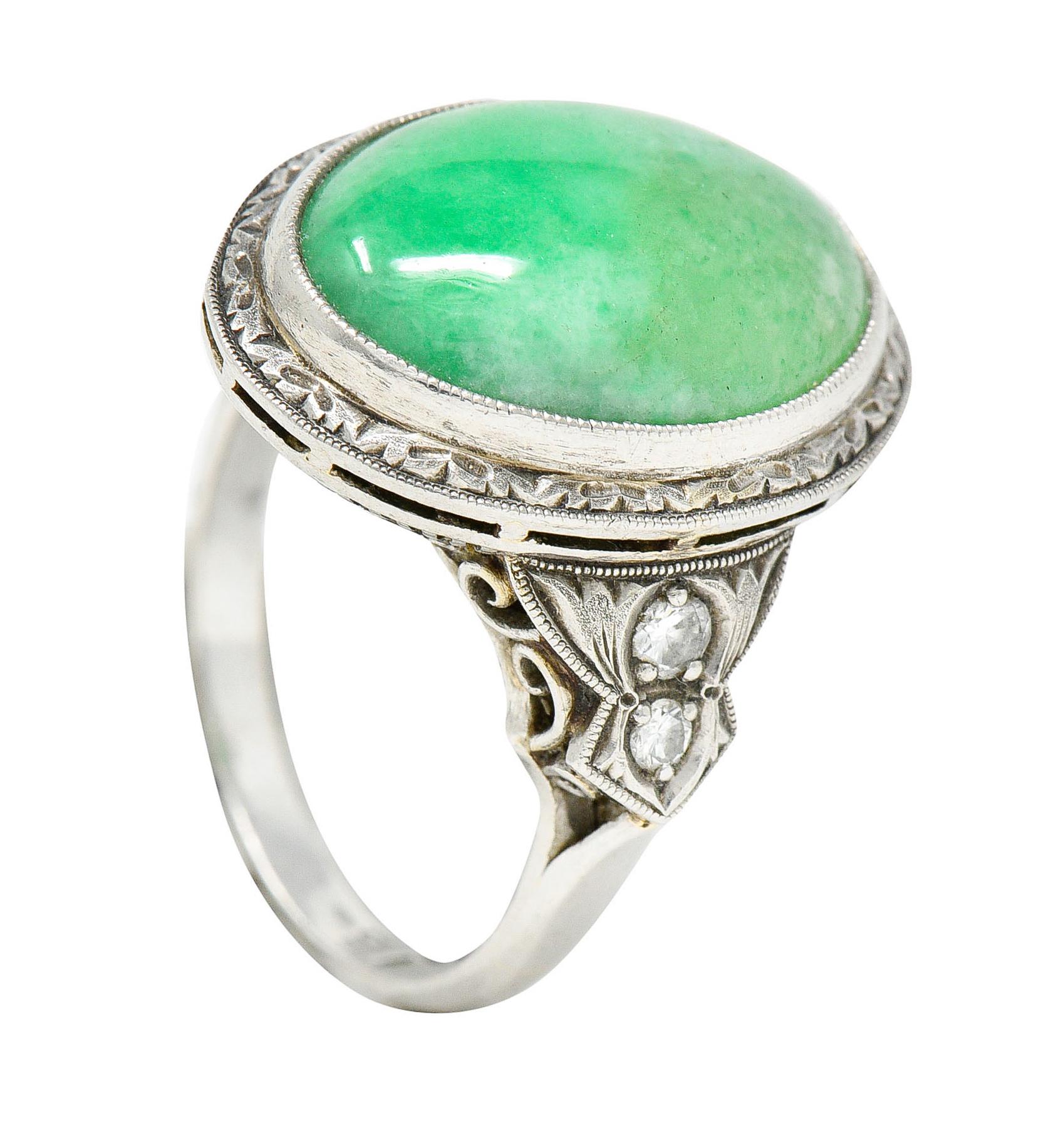 Art Deco Jade Diamond Platinum Cabochon Ring 7