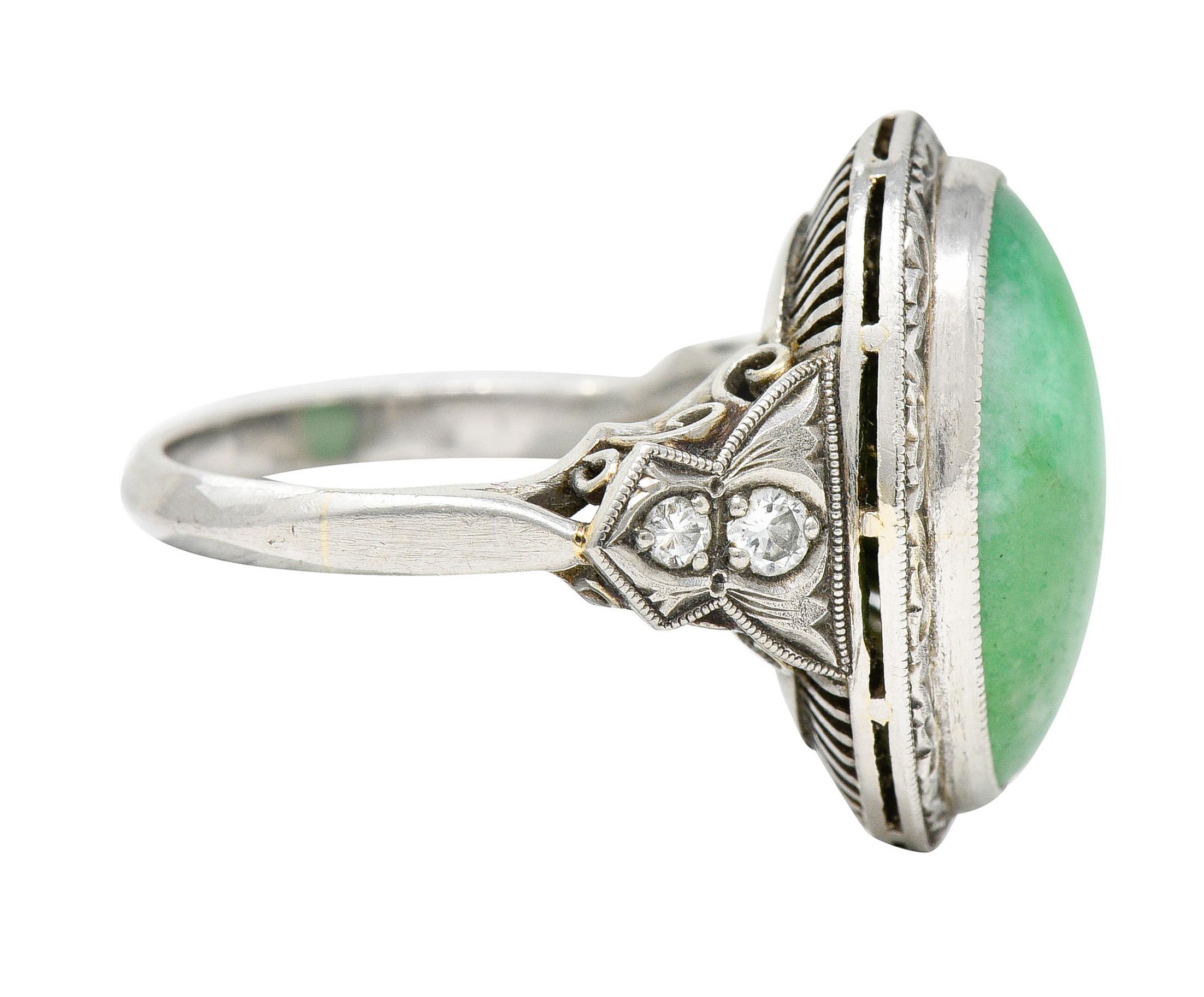 Women's or Men's Art Deco Jade Diamond Platinum Cabochon Ring
