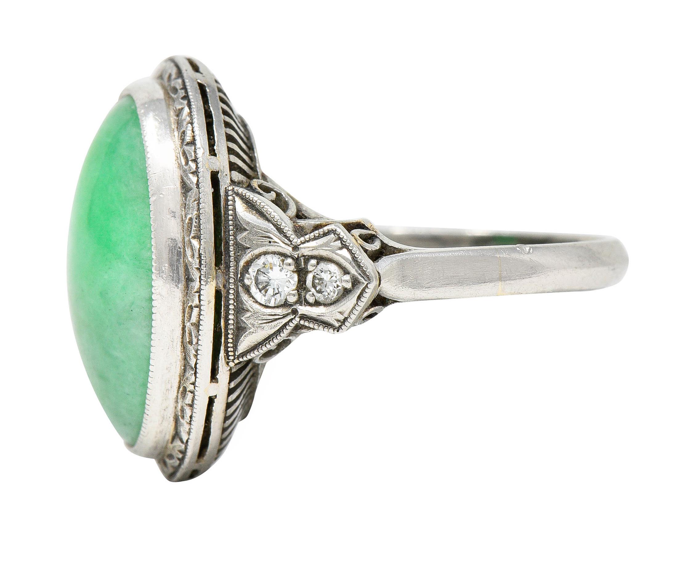 Art Deco Jade Diamond Platinum Cabochon Ring 2