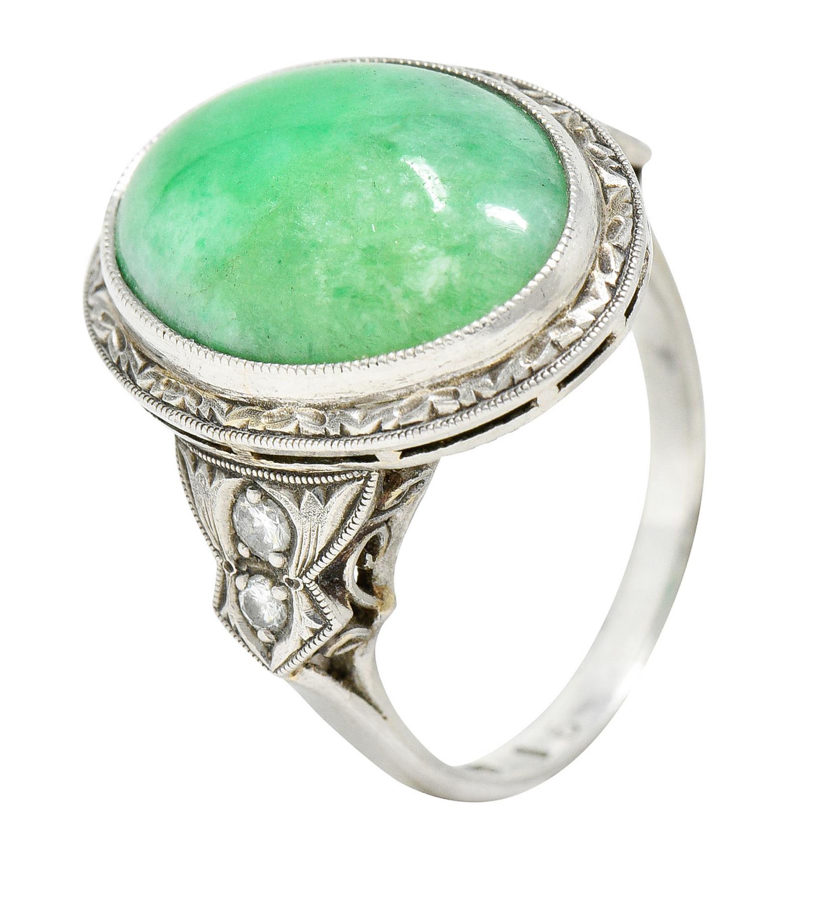 Art Deco Jade Diamond Platinum Cabochon Ring 5