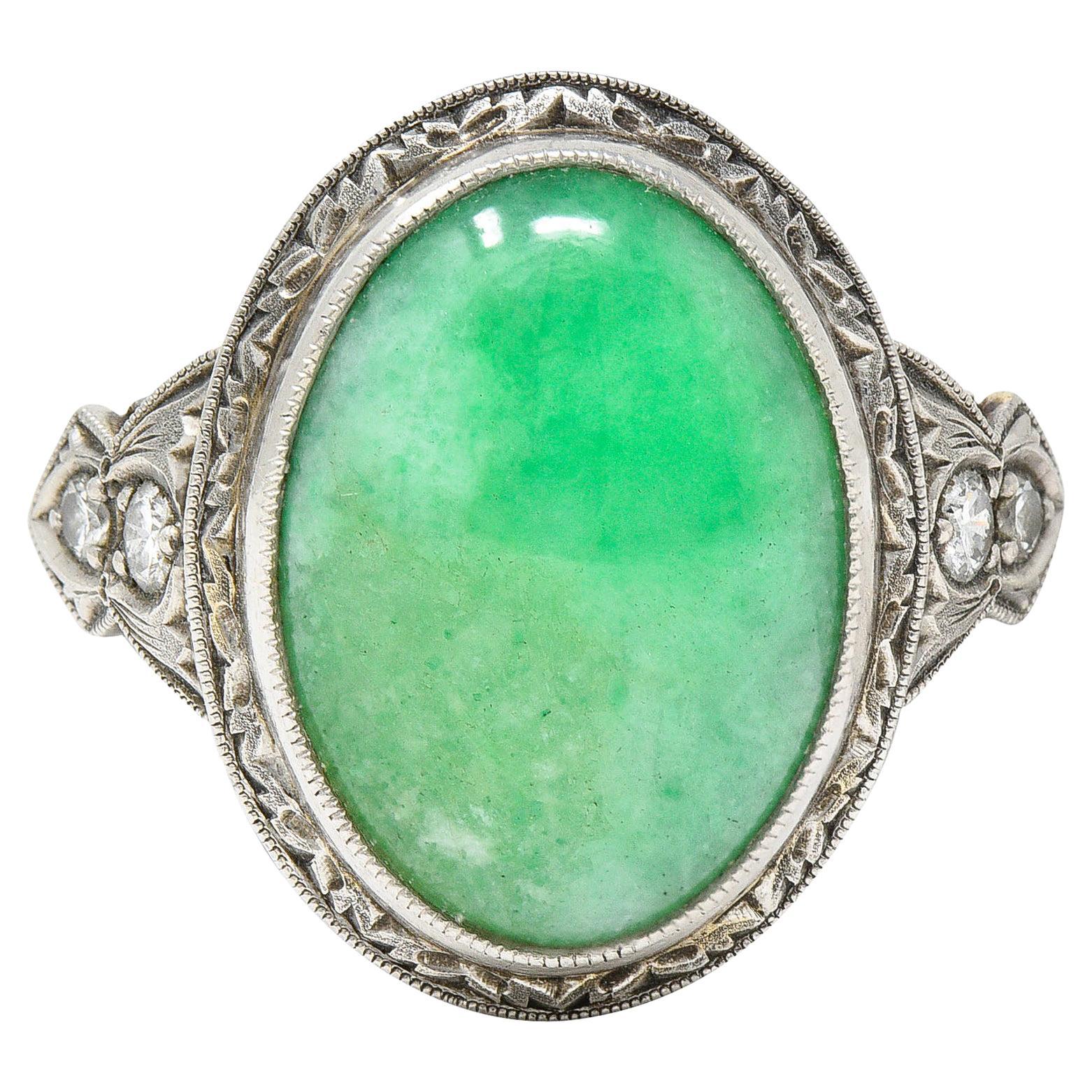 Art Deco Jade Diamond Platinum Cabochon Ring