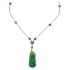 Art Deco Jade & Diamond Platinum Pendant Necklace Certified Untreated
