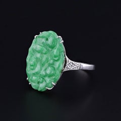 Art Deco Jade & Diamond Ring of 9ct White Gold