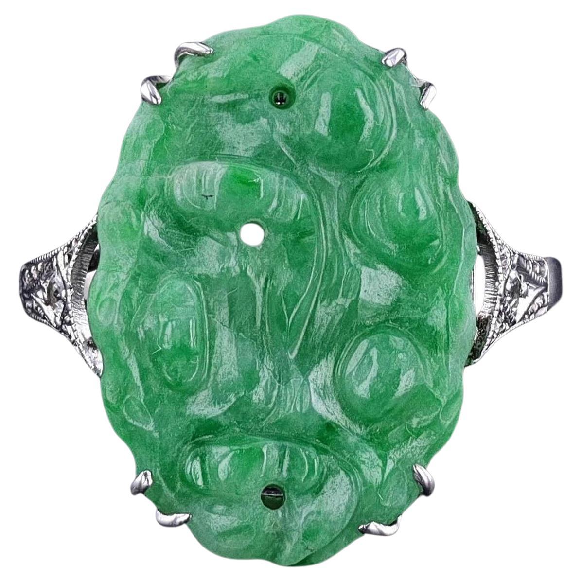 Art Deco Jade & Diamond Ring of 9ct White Gold