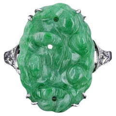 Art Deco Jade & Diamond Ring of 9ct White Gold