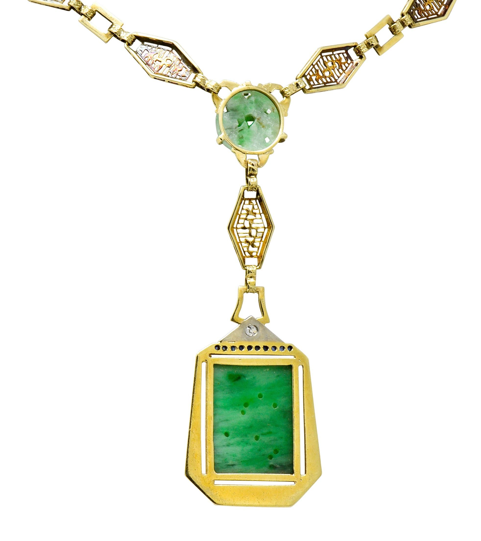 Art Deco Jade Diamond Sapphire 14 Karat Gold Linked Drop Necklace 5