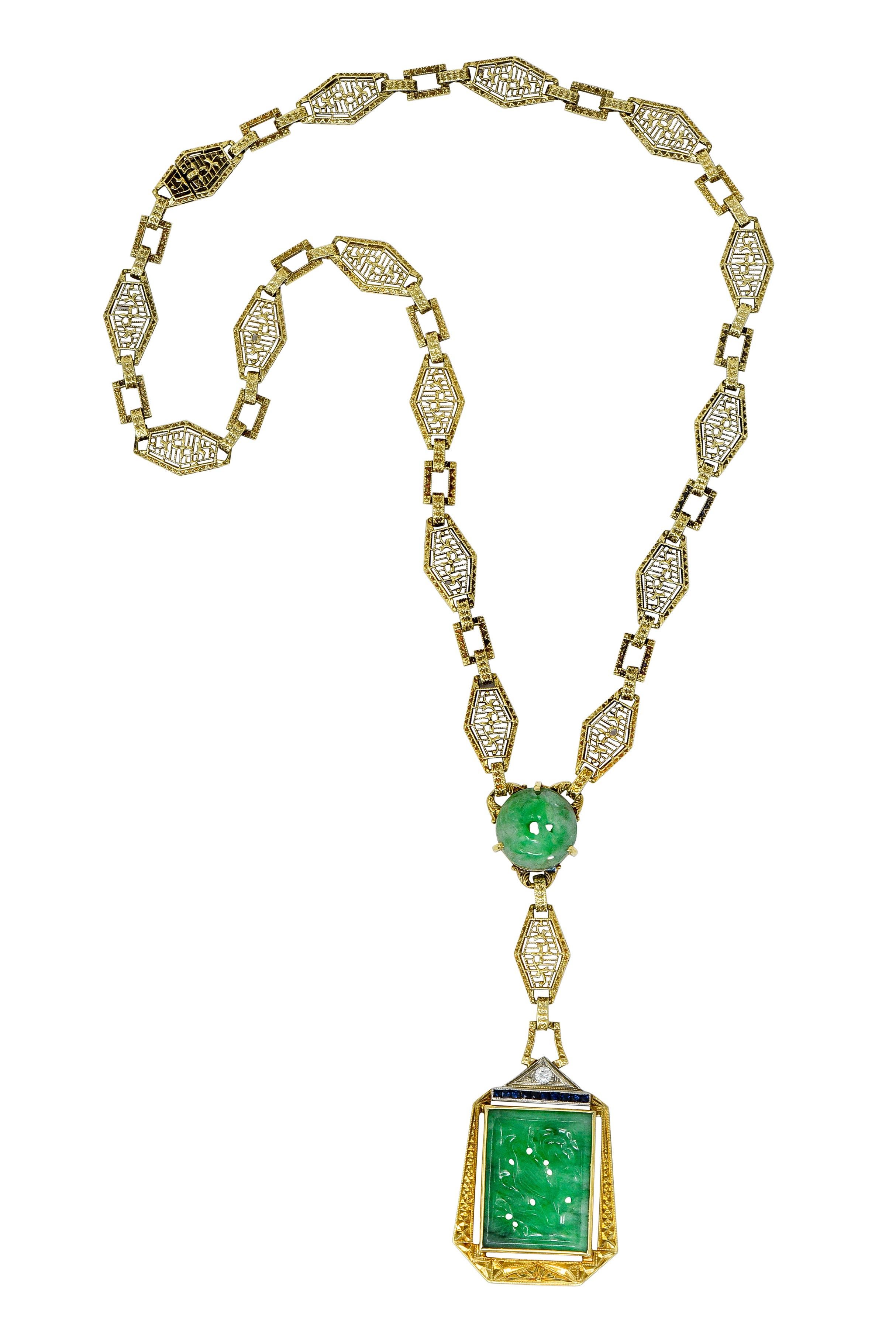 Necklace is comprised of pierced geometric links depicting an engraved floral motif and striated pattern

Alternating with engraved rectangular links and foliate spacer links and completed as a concealed clasp

Centering a round 11.8 mm carved jade