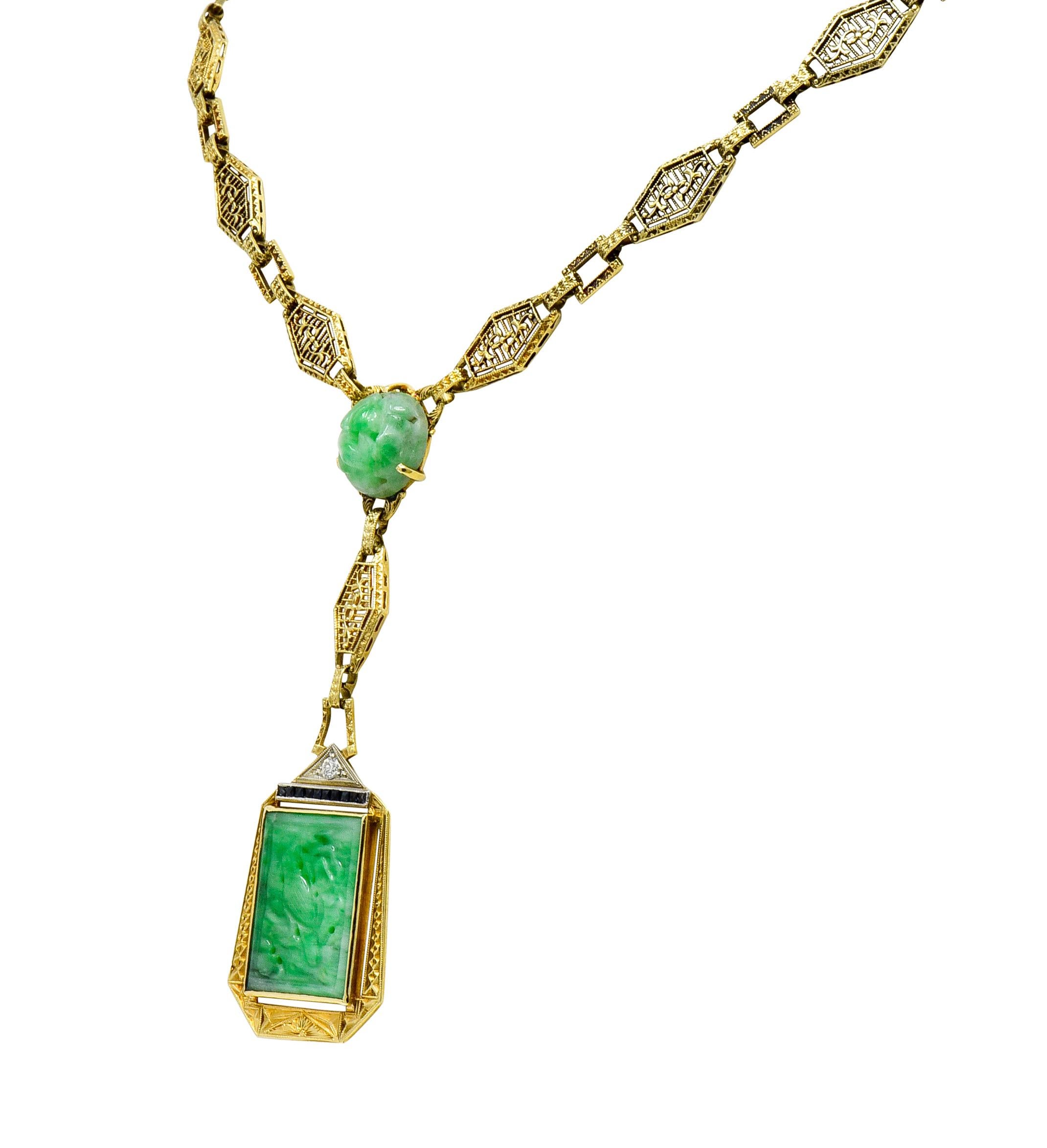 Old European Cut Art Deco Jade Diamond Sapphire 14 Karat Gold Linked Drop Necklace