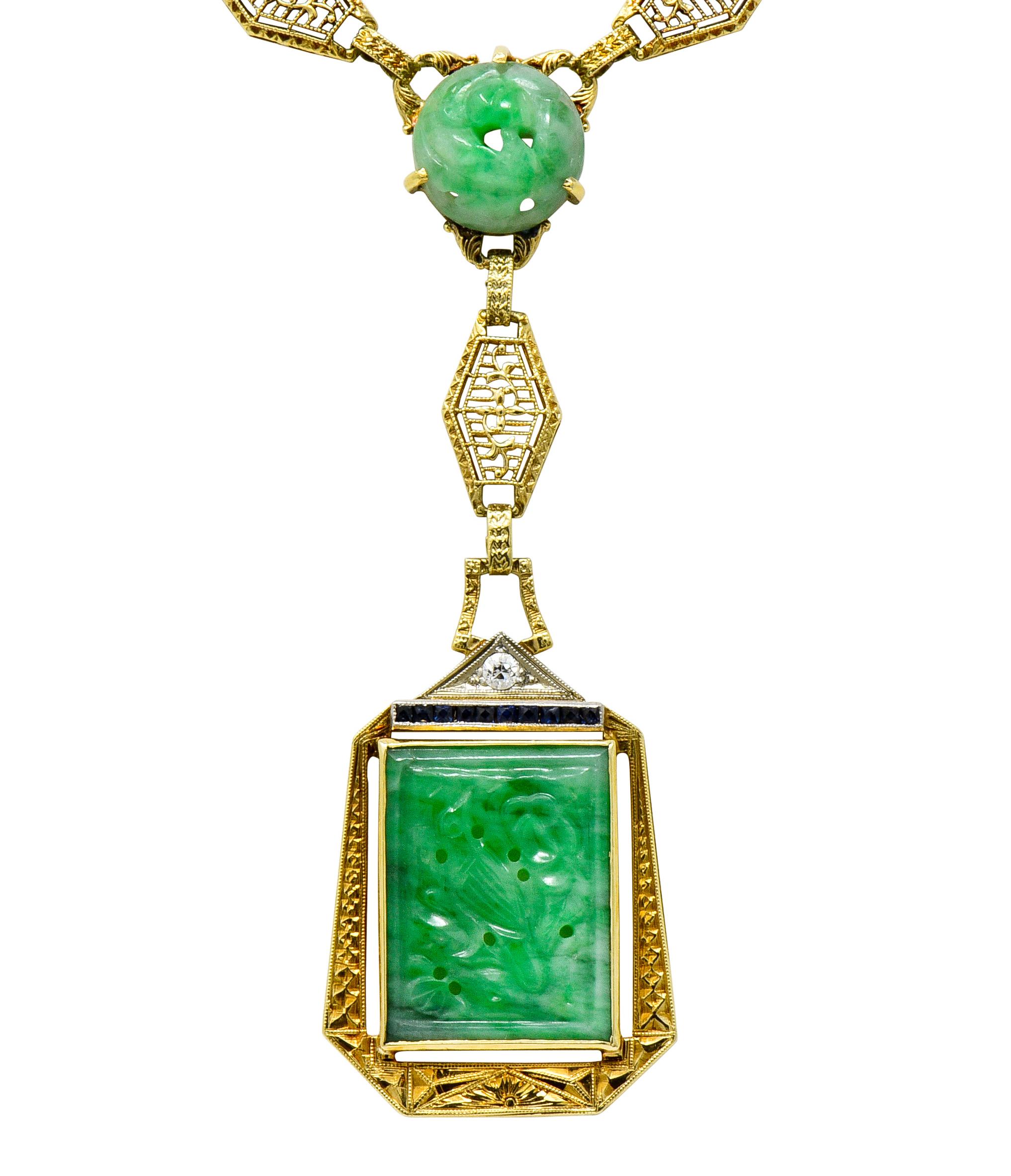 Women's or Men's Art Deco Jade Diamond Sapphire 14 Karat Gold Linked Drop Necklace