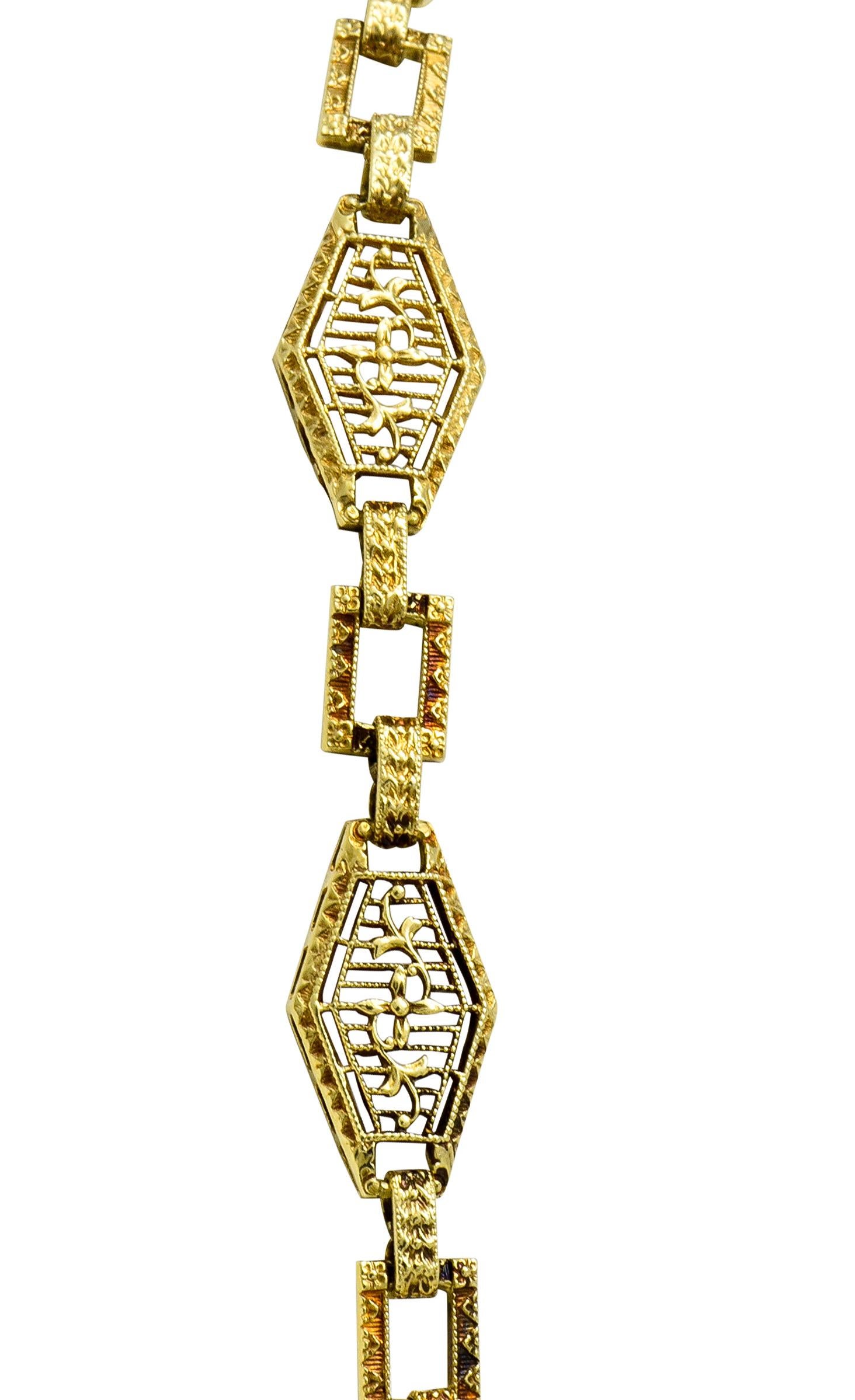 Art Deco Jade Diamond Sapphire 14 Karat Gold Linked Drop Necklace 1