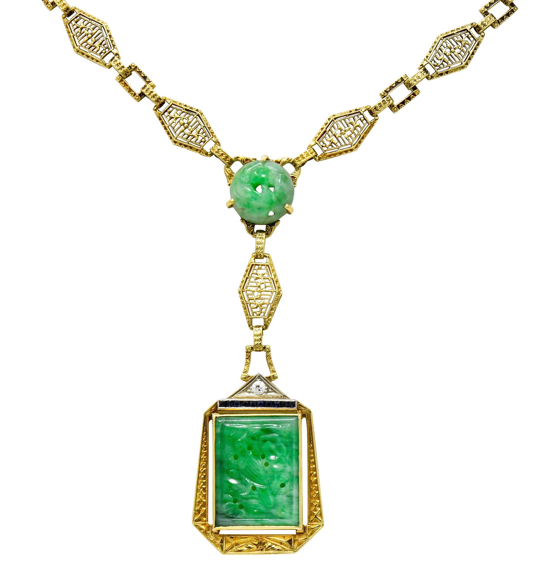 Art Deco Jade Diamond Sapphire 14 Karat Gold Linked Drop Necklace 4