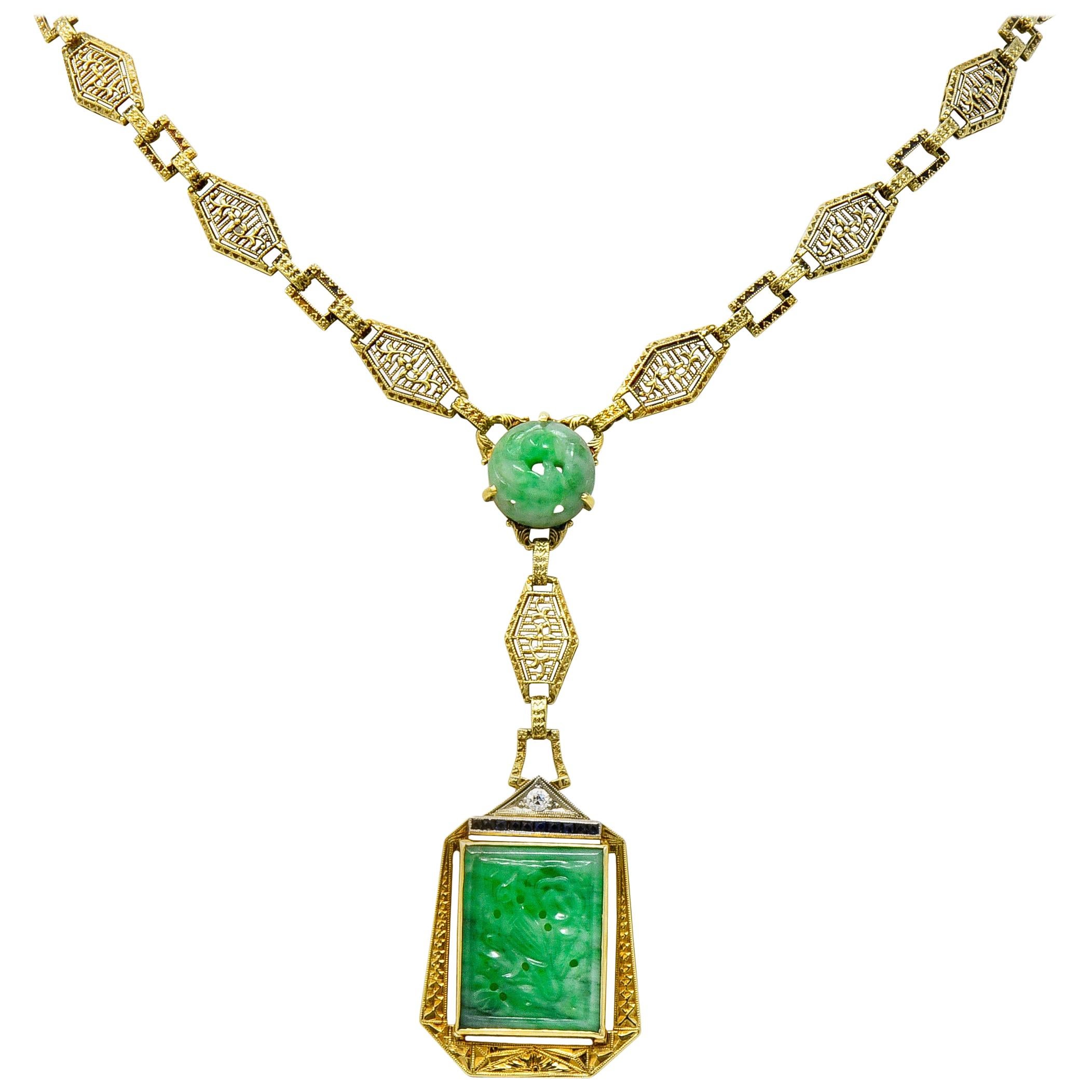 Art Deco Jade Diamond Sapphire 14 Karat Gold Linked Drop Necklace