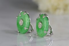Art Deco Style Jade Diamond Screw Back Gold Earrings