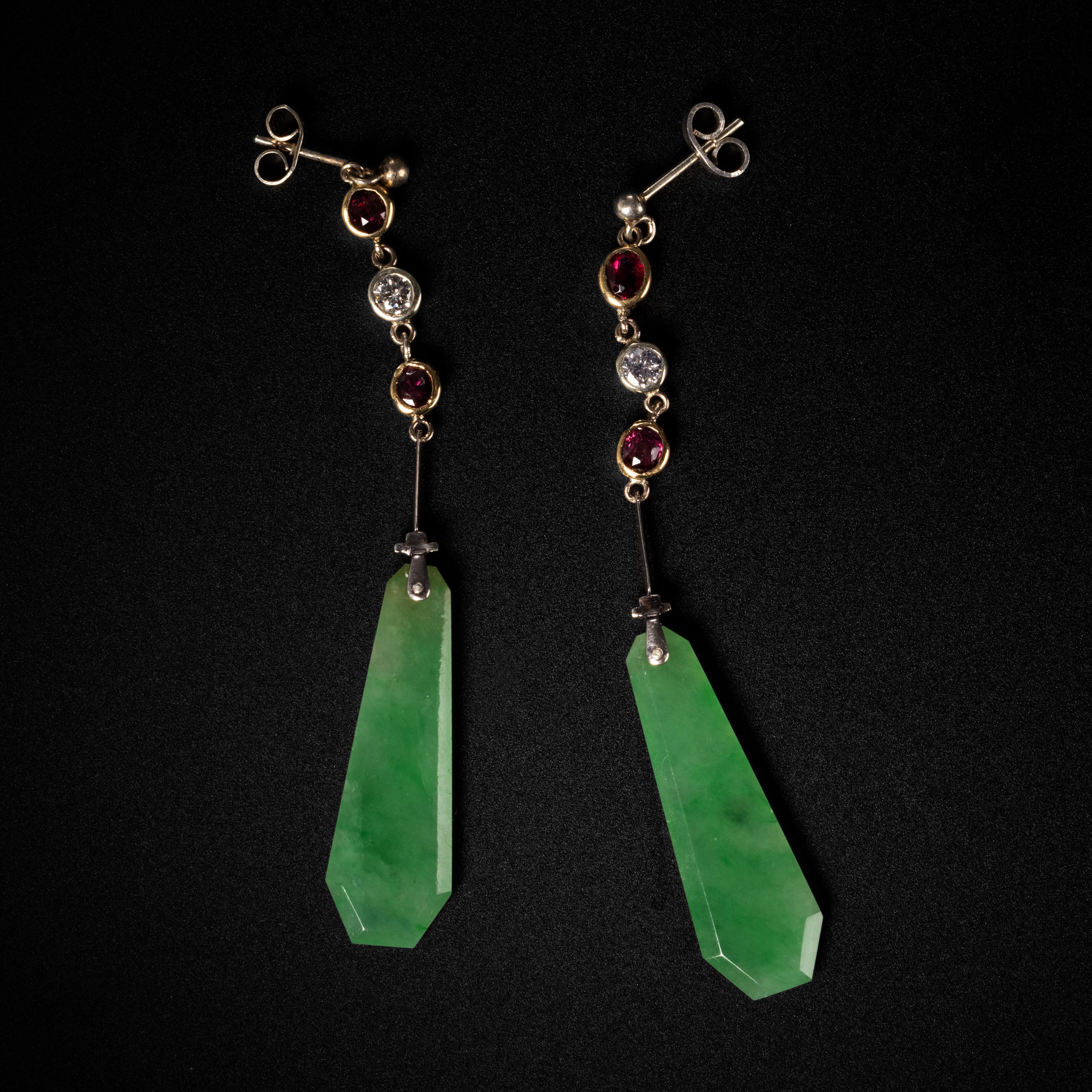 Round Cut Jade, Diamond & Spinel Earrings Certified Untreated Art Deco