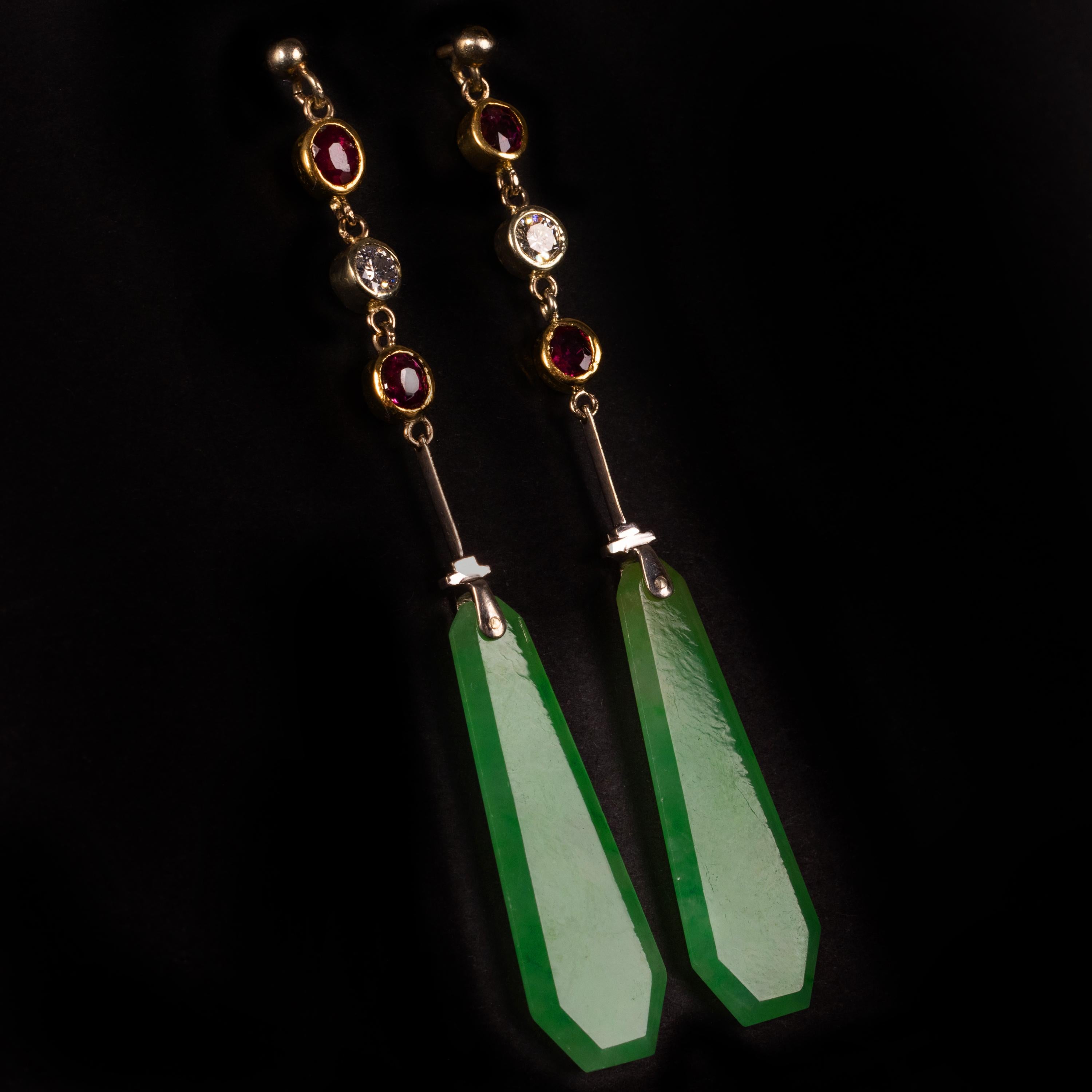 Jade, Diamond & Spinel Earrings Certified Untreated Art Deco In Excellent Condition In Southbury, CT