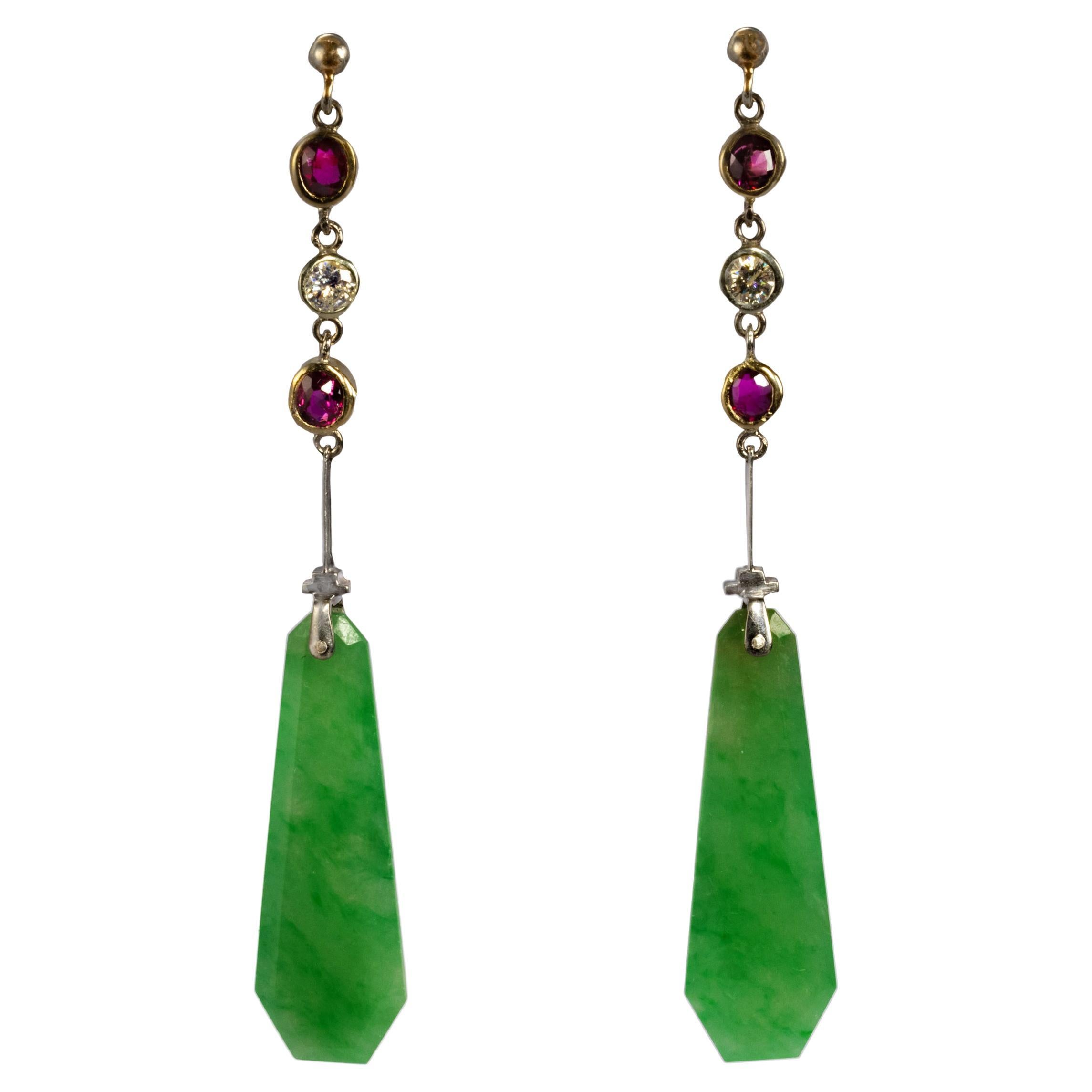 Jade, Diamond & Spinel Earrings Certified Untreated Art Deco