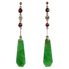 Antique Jade, Diamond & Spinel Earrings Certified Untreated Art Deco